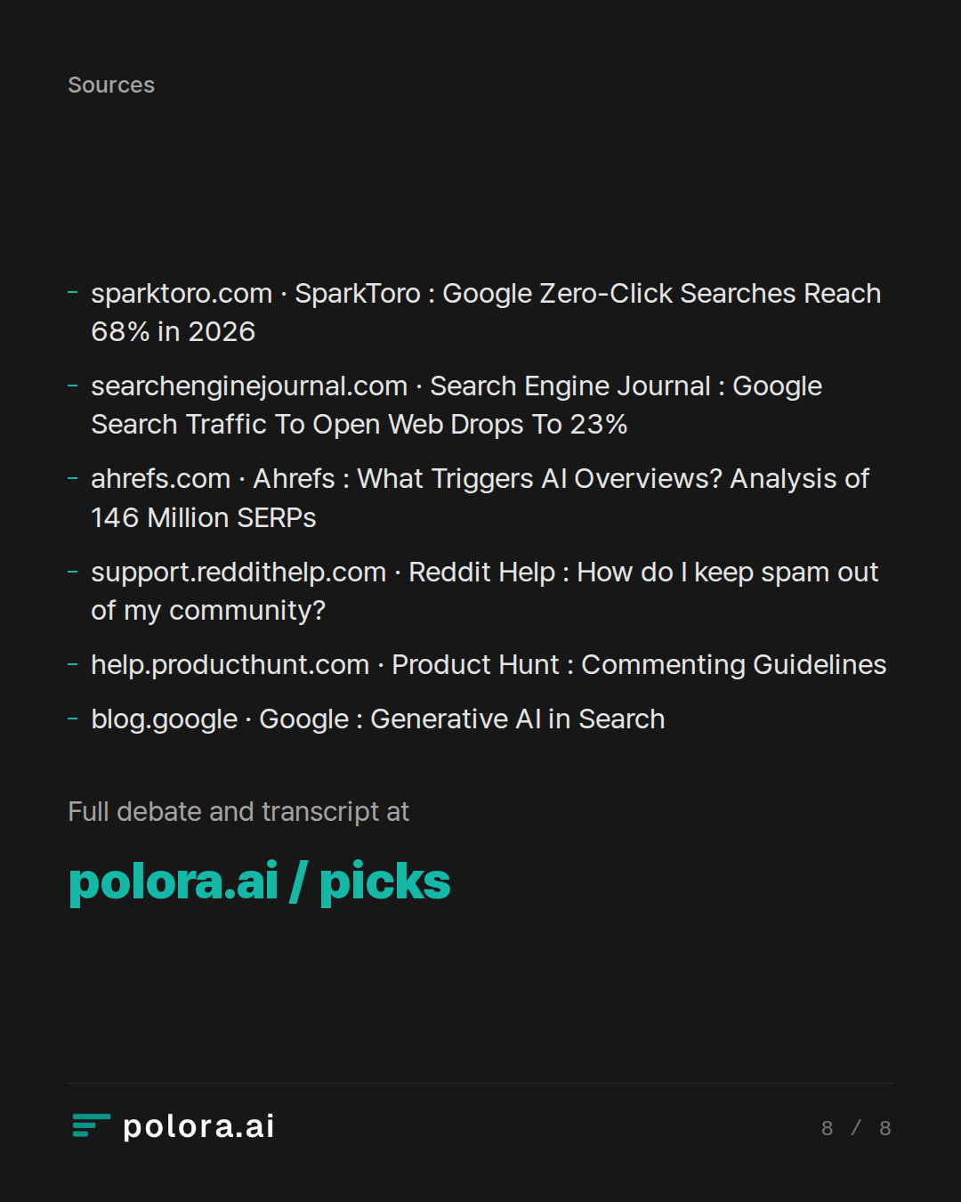 Sources sparktoro.com · SparkToro : Google Zero-Click Searches Reach 68% in 2026, searchenginejournal.com · Search Engine Journal : Google Search Traffic To Open Web Drops To 23%, ahrefs.com · Ahrefs : What Triggers AI Overviews? Analysis of 146 Million SERPs