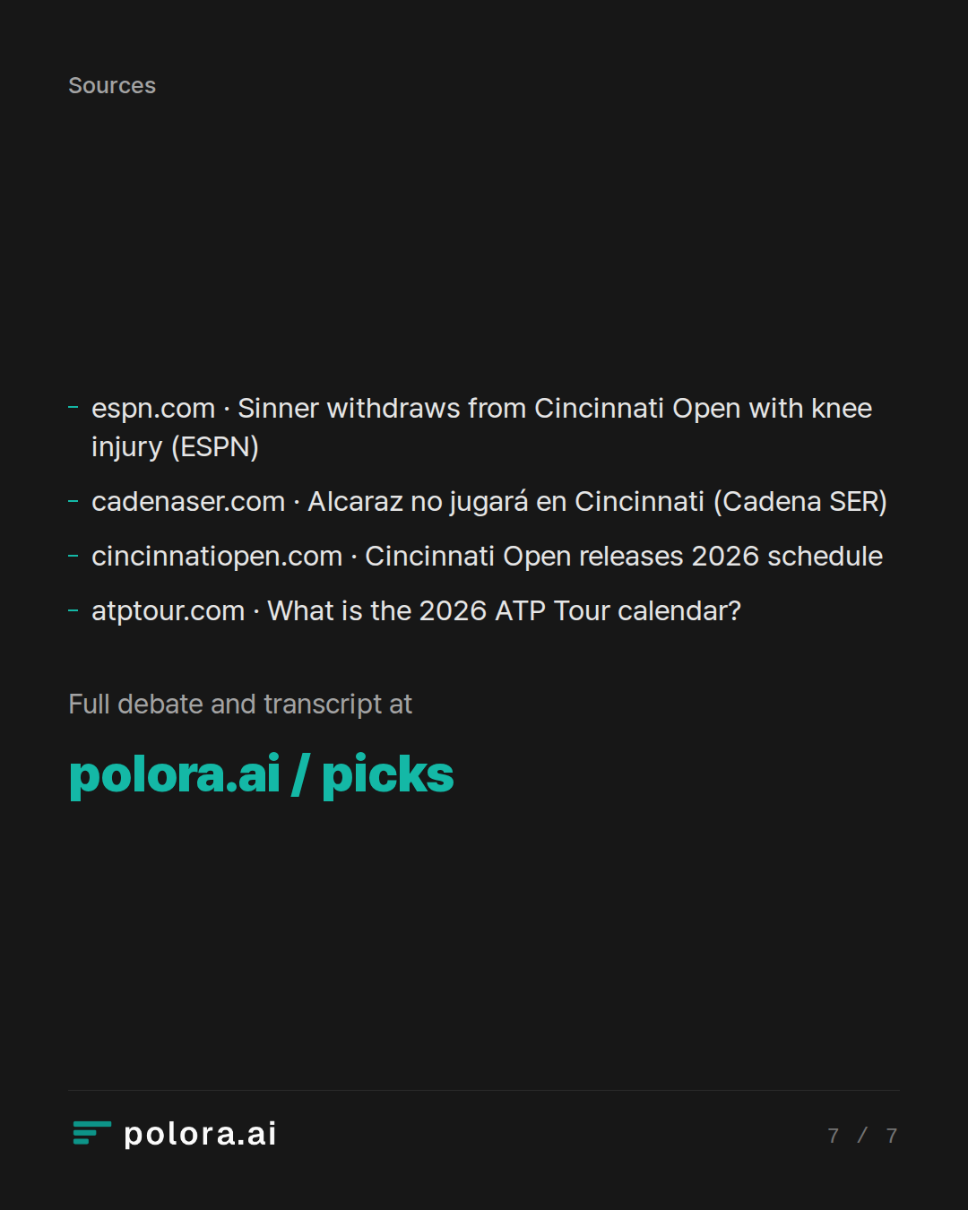 Sources espn.com · Sinner withdraws from Cincinnati Open with knee injury (ESPN), cadenaser.com · Alcaraz no jugará en Cincinnati (Cadena SER), cincinnatiopen.com · Cincinnati Open releases 2026 schedule