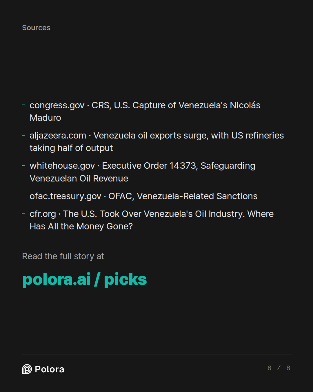 Sources 5 : congress.gov · CRS, U.S. Capture of Venezuela's Nicolás Maduro, aljazeera.com · Venezuela oil exports surge, with US refineries taking half of output, whitehouse.gov · Executive Order 14373, Safeguarding Venezuelan Oil Revenue + 2