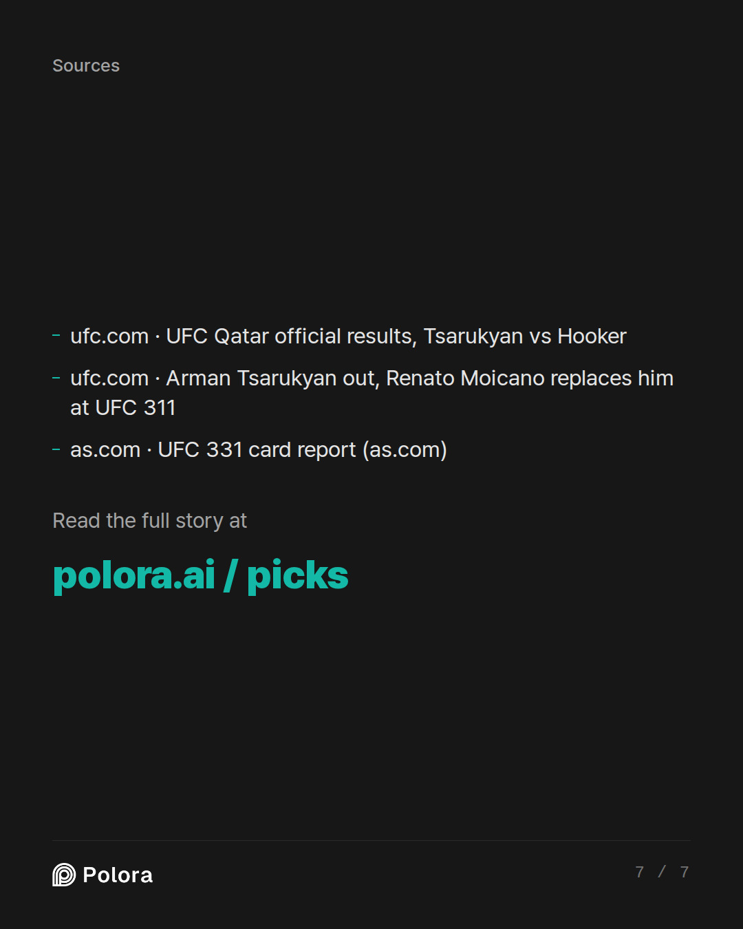Sources 3 : ufc.com · UFC Qatar official results, Tsarukyan vs Hooker, ufc.com · Arman Tsarukyan out, Renato Moicano replaces him at UFC 311, as.com · UFC 331 card report (as.com)