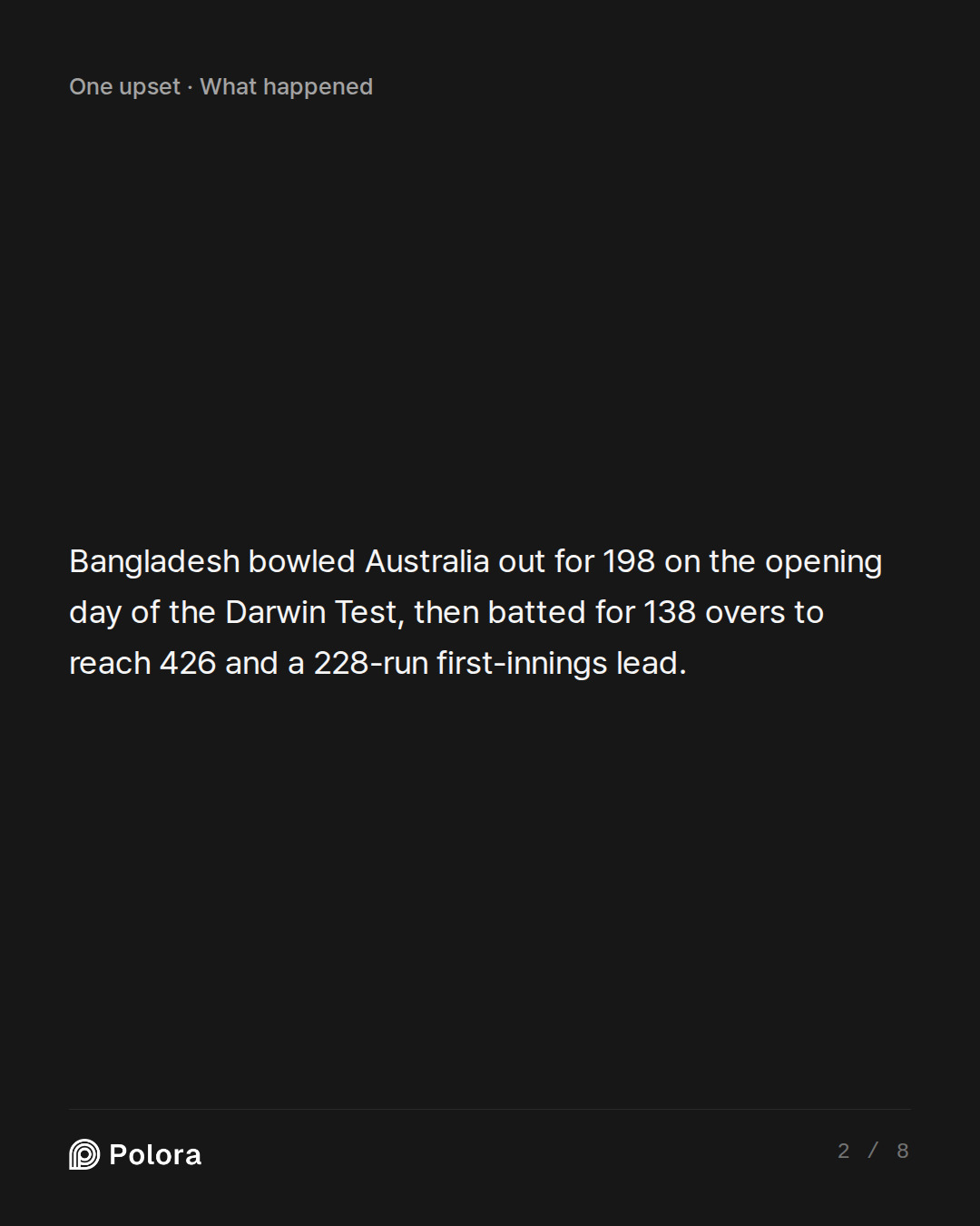 Bangladesh bowled Australia out for 198 on the opening day of the Darwin Test, then batted for 138 overs to reach 426 and a 228-run first-innings lead.