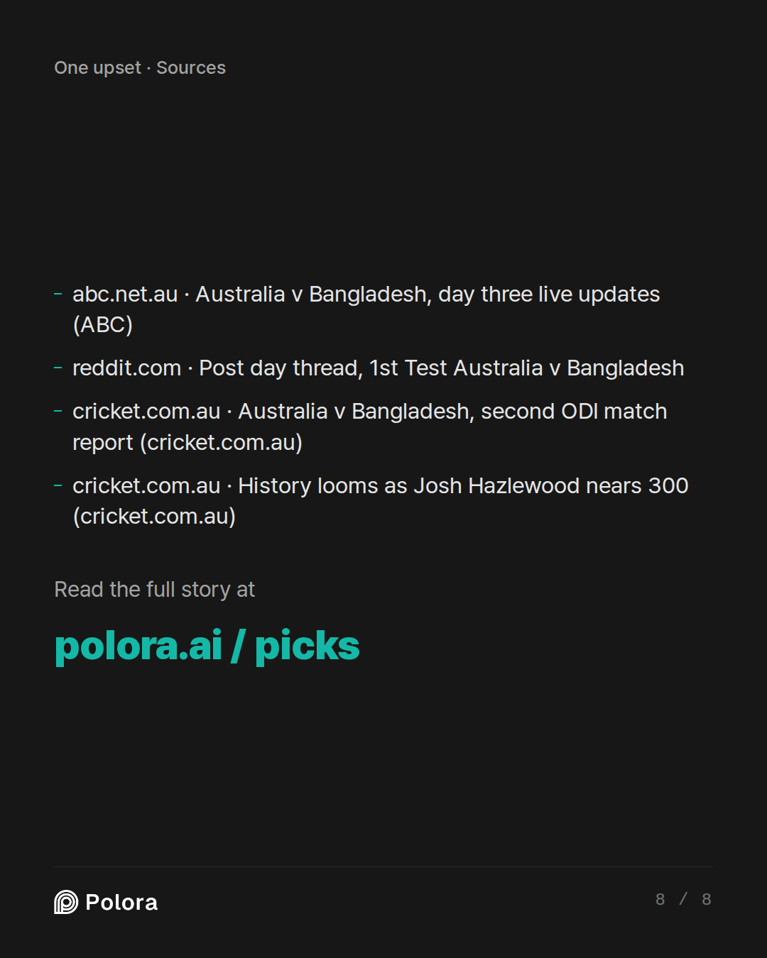 Sources 4 : abc.net.au · Australia v Bangladesh, day three live updates (ABC), reddit.com · Post day thread, 1st Test Australia v Bangladesh, cricket.com.au · Australia v Bangladesh, second ODI match report (cricket.com.au) + 1