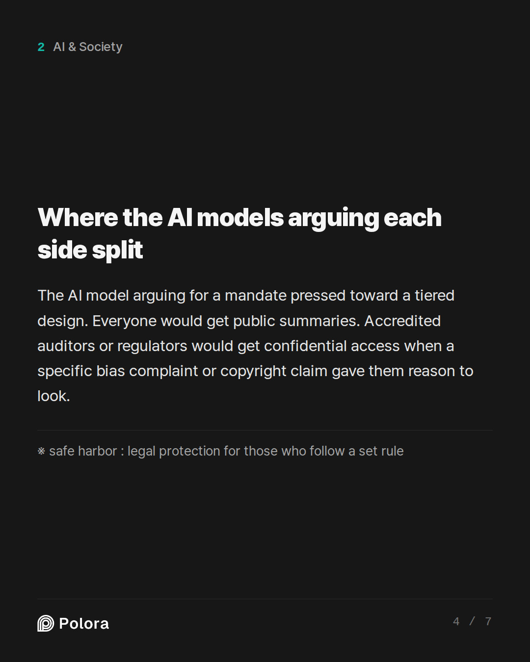Where the AI models arguing each side split · ※ safe harbor : legal protection for those who follow a set rule