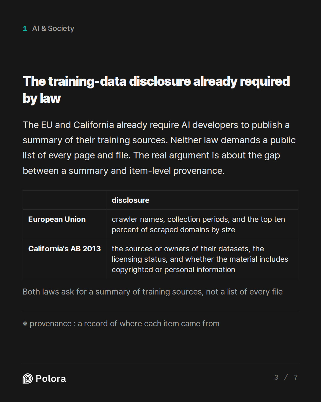 The training-data disclosure already req · disclosure European Union California's AB 2013 crawler names, collection periods, and the top ten percent of scraped domains by size the sources or owners of their datasets, the licensing status, and whether the material includes copyrighted or personal inf