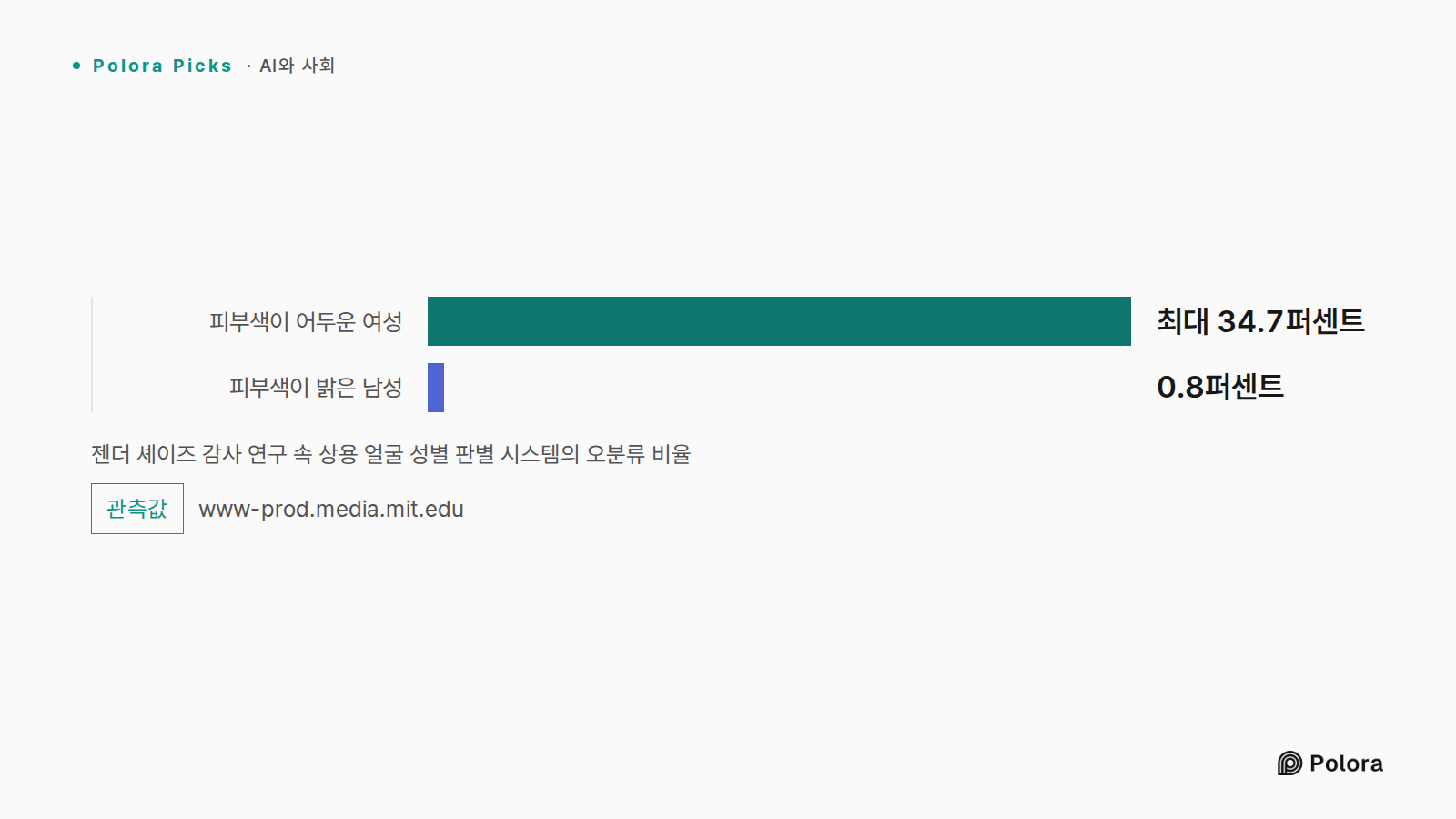 젠더 셰이즈 감사 연구 속 상용 얼굴 성별 판별 시스템의 오분류 비율 · 피부색이 어두운 여성 · 피부색이 밝은 남성 · 최대 34.7퍼센트 · 0.8퍼센트