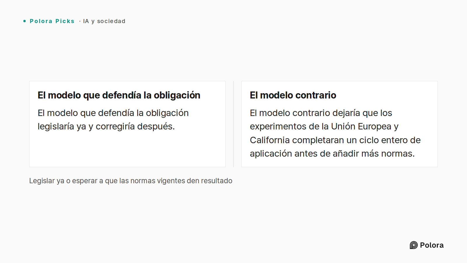 Legislar ya o esperar a que las normas vigentes den resultado · El modelo que defendía la obligación · El modelo contrario · El modelo que defendía la obligación legislaría ya y corregiría después. · El modelo contrario dejaría que los experimentos de la Unión Europea y California completaran un cic