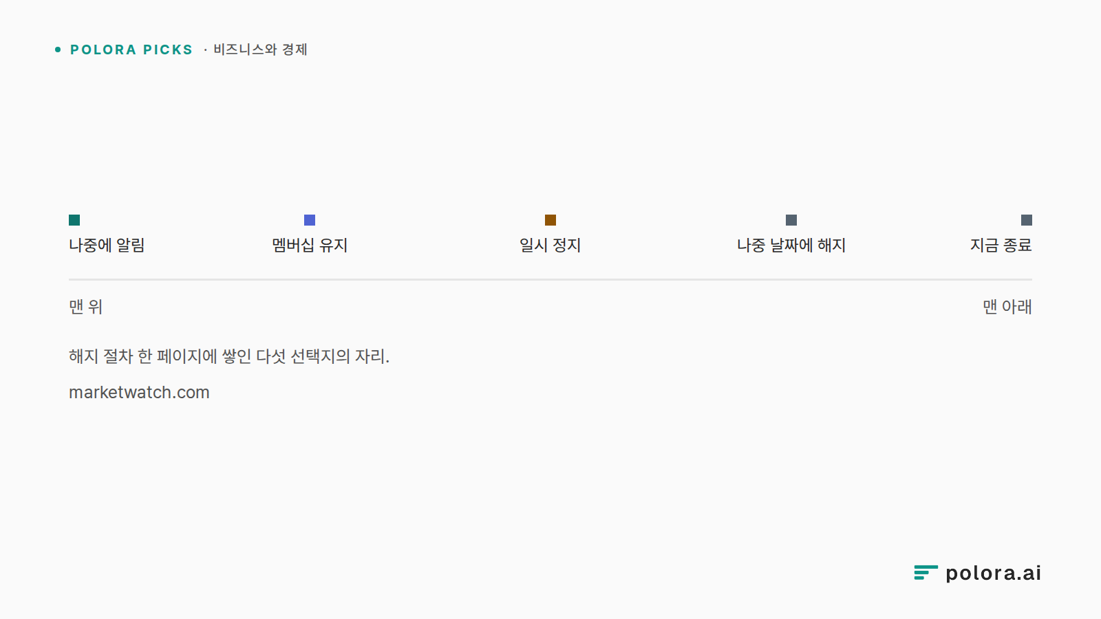 해지 절차 한 페이지에 쌓인 다섯 선택지의 자리. · 맨 위 · 맨 아래 · 나중에 알림 · 멤버십 유지 · 일시 정지 · 나중 날짜에 해지 · 지금 종료