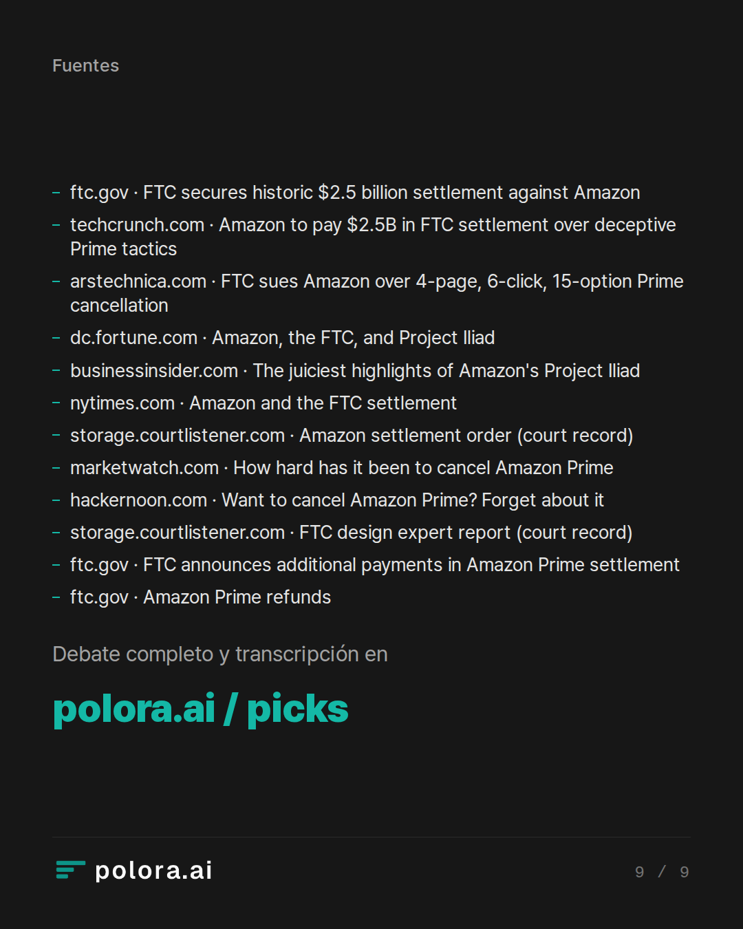 Fuentes 12 : ftc.gov · FTC secures historic $2.5 billion settlement against Amazon, techcrunch.com · Amazon to pay $2.5B in FTC settlement over deceptive Prime tactics, arstechnica.com · FTC sues Amazon over 4-page, 6-click, 15-option Prime cancellation + 9