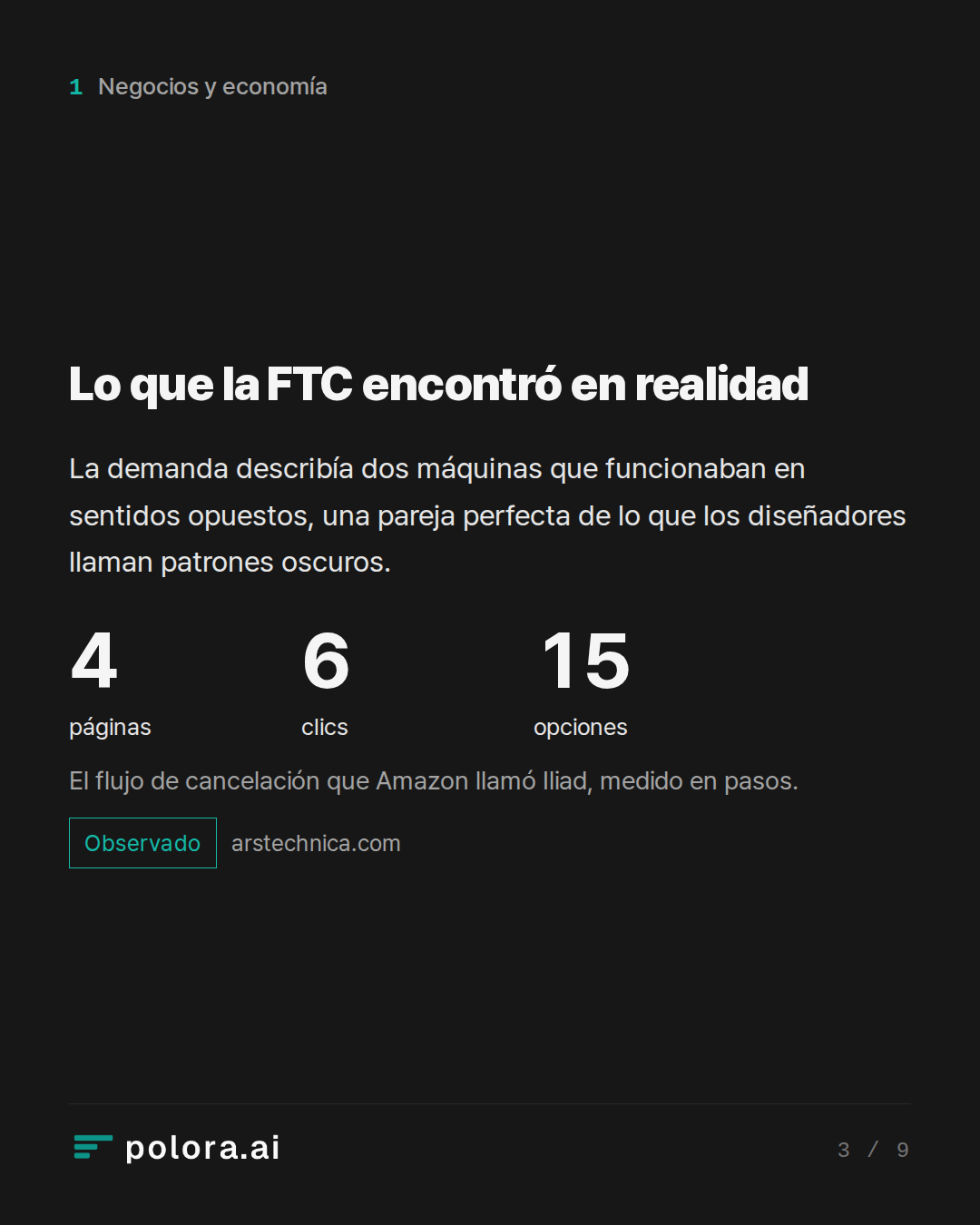 Lo que la FTC encontró en realidad · 4 6 15 páginas clics opciones El flujo de cancelación que Amazon llamó Iliad, medido en pasos.