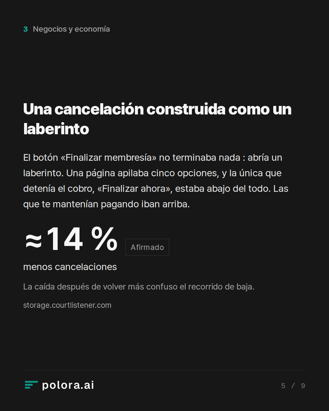 Una cancelación construida como un laberinto · ≈14 % menos cancelaciones La caída después de volver más confuso el recorrido de baja.