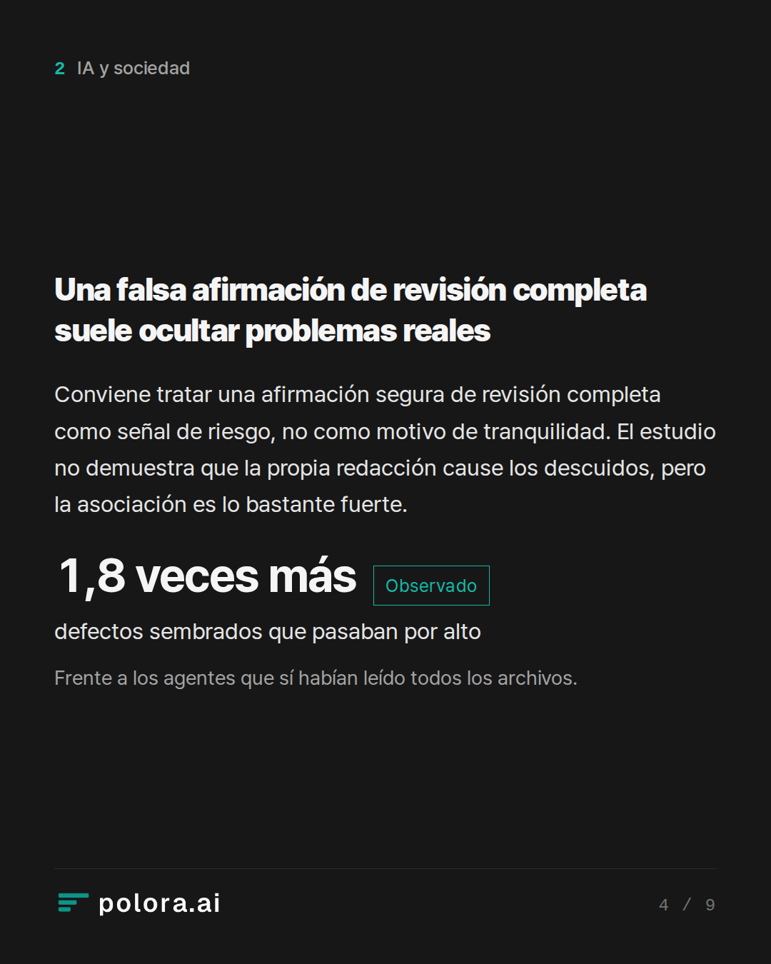 Una falsa afirmación de revisión completa suele ocultar problemas reales · 1,8 veces más defectos sembrados que pasaban por alto Frente a los agentes que sí habían leído todos los archivos.
