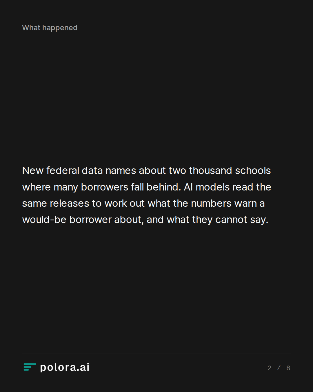 New federal data names about two thousand schools where many borrowers fall behind. AI models read the same releases to work out what the numbers warn a would-be borrower about, and what they cannot say.