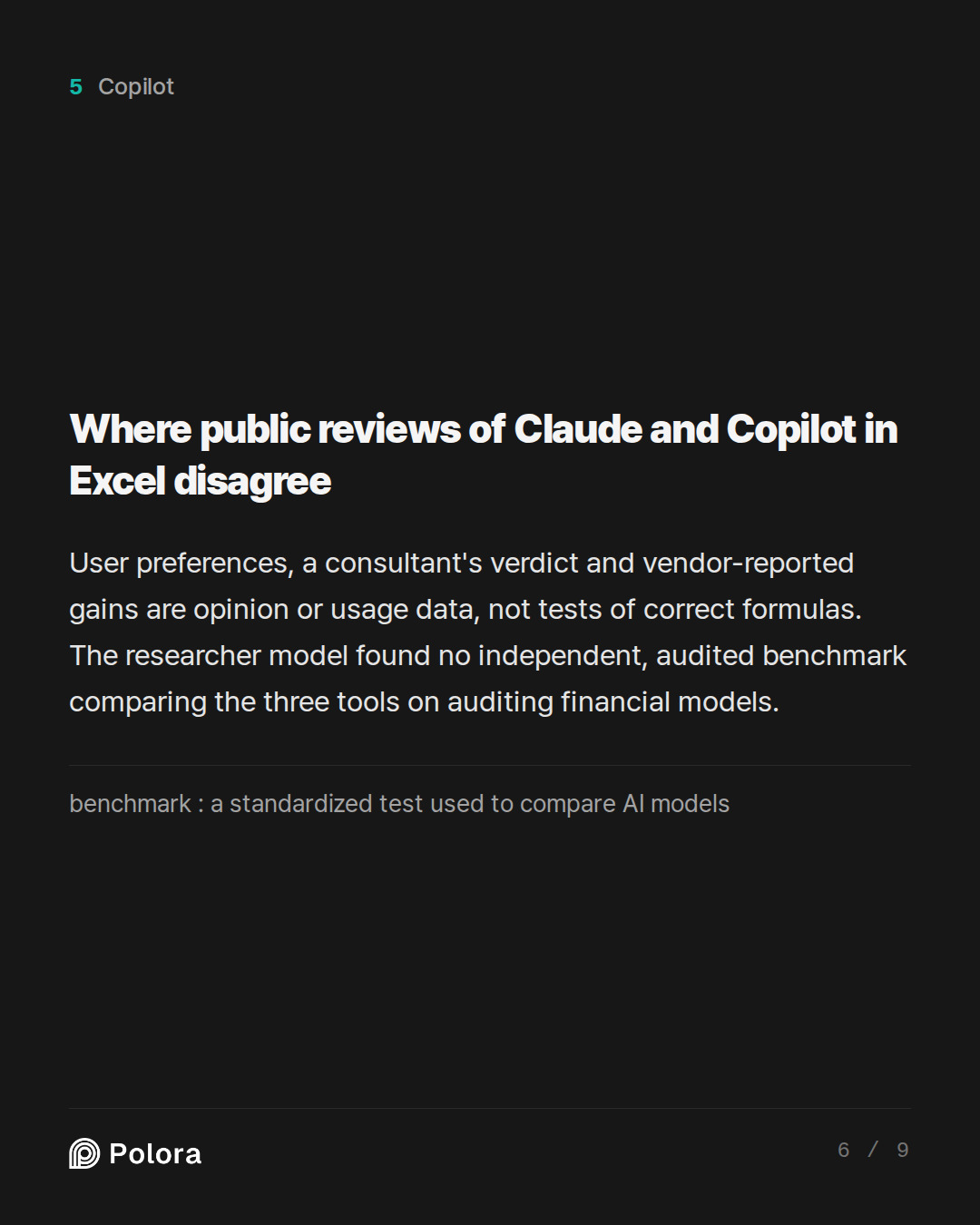 Where public reviews of Claude and Copilot in Excel disagree · benchmark : a standardized test used to compare AI models