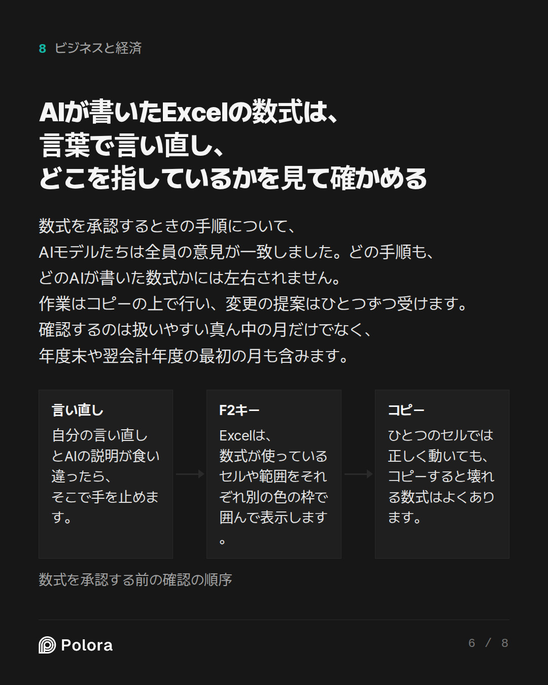 AIが書いたExcelの数式は、言葉で言い直し、どこを指しているかを見て確かめる · 言い直し F2キー コピー 自分の言い直しとAIの説明が食い違ったら、そこで手を止めます。 Excelは、数式が使っているセルや範囲をそれぞれ別の色の枠で囲んで表示します。 ひとつのセルでは正しく動いても、コピーすると壊れる数式はよくあります。 数式を承認する前の確認の順序