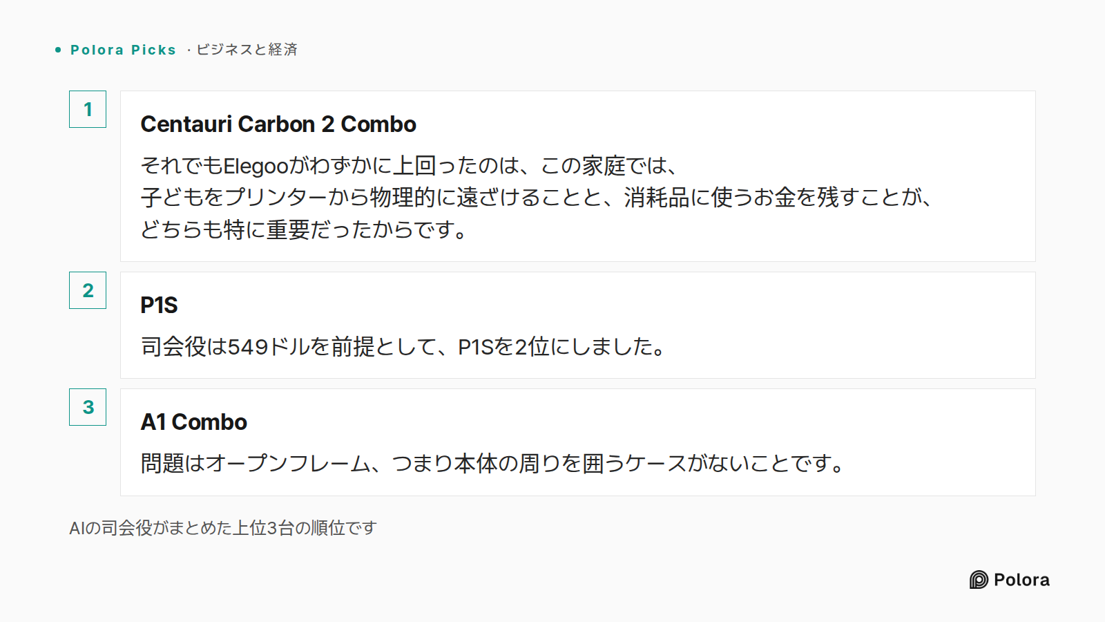 AIの司会役がまとめた上位3台の順位です · Centauri Carbon 2 Combo · P1S · A1 Combo · それでもElegooがわずかに上回ったのは、この家庭では、子どもをプリンターから物理的に遠ざけることと、消耗品に使うお金を残すことが、どちらも特に重要だったからです。 · 司会役は549ドルを前提として、P1Sを2位にしました。 · 問題はオープンフレーム、つまり本体の周りを囲うケースがないことです。