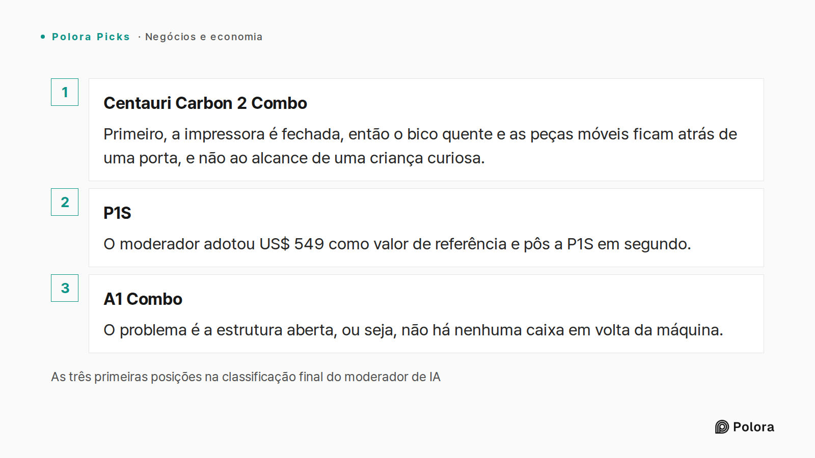 As três primeiras posições na classificação final do moderador de IA · Centauri Carbon 2 Combo · P1S · A1 Combo · Primeiro, a impressora é fechada, então o bico quente e as peças móveis ficam atrás de uma porta, e não ao alcance de uma criança curiosa. · O moderador adotou US$ 549 como valor de refe
