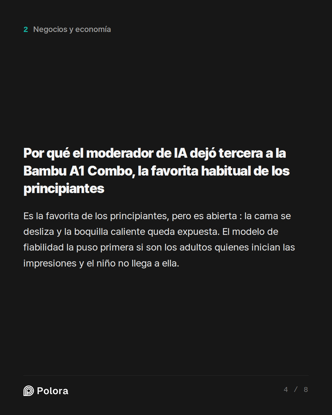 Por qué el moderador de IA dejó tercera a la Bambu A1 Combo, la favorita habitual de los principiantes