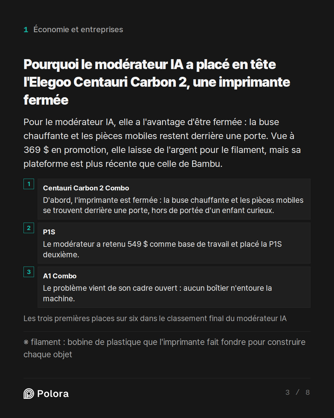 Pourquoi le modérateur IA a placé en têt · Centauri Carbon 2 Combo P1S A1 Combo D'abord, l'imprimante est fermée : la buse chauffante et les pièces mobiles se trouvent derrière une porte, hors de portée d'un enfant curieux. Le modérateur a retenu 549 $ comme base de travail et placé la P1S deuxième.