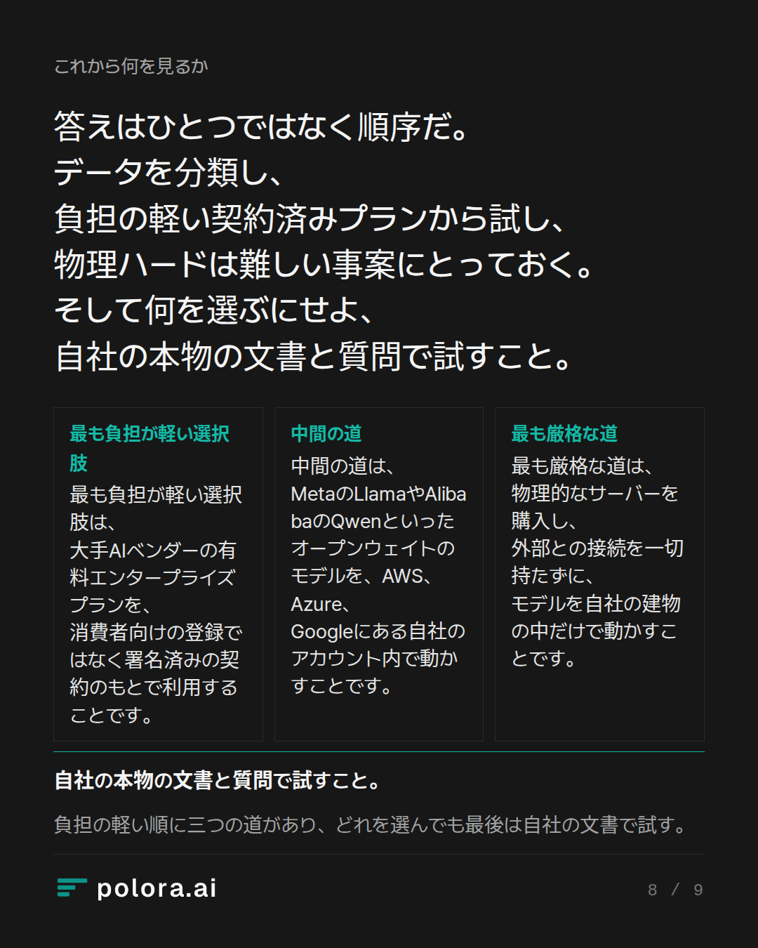 答えはひとつではなく順序だ。データを分類し、負担の軽い契約済みプランから試し、物理ハードは難しい事案にとっておく。そして何を選ぶにせよ、自社の本物の文書と質問で試すこと。 · 負担の軽い順に三つの道があり、どれを選んでも最後は自社の文書で試す。