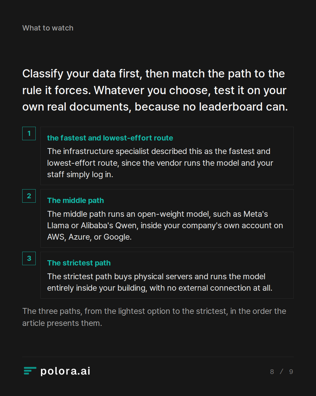 Classify your data first, then match the path to the rule it forces. Whatever you choose, test it on your own real documents, because no leaderboard can. · The three paths, from the lightest option to the strictest, in the order the article presents them.
