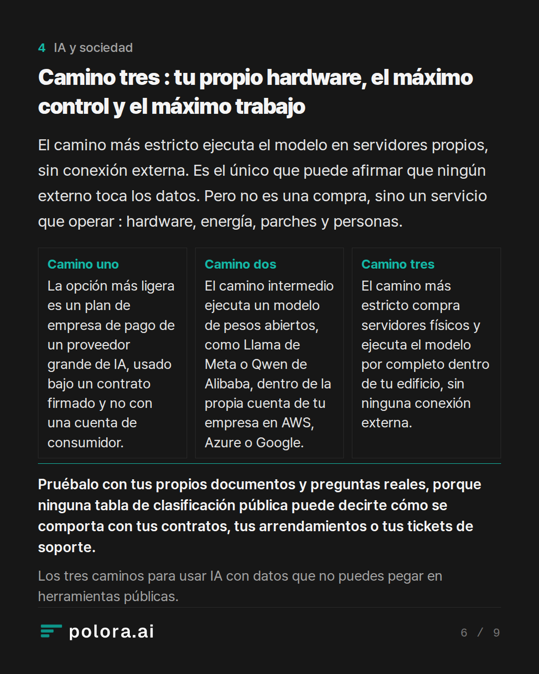 Camino tres : tu propio hardware, el máximo control y el máximo trabajo · Los tres caminos para usar IA con datos que no puedes pegar en herramientas públicas.