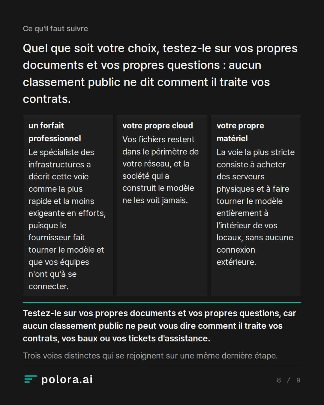 Quel que soit votre choix, testez-le sur · un forfait professionnel votre propre cloud votre propre matériel Le spécialiste des infrastructures a décrit cette voie comme la plus rapide et la moins exigeante en efforts, puisque le fournisseur fait tourner le modèle et que vos équipes n'ont qu'à se co