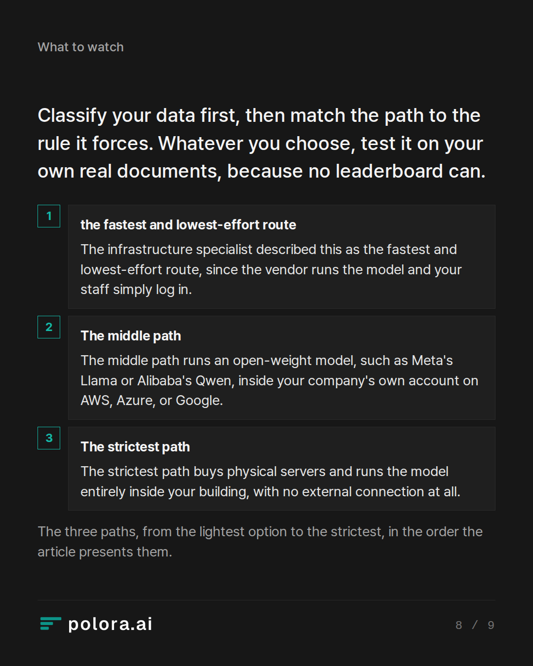 Classify your data first, then match the · the fastest and lowest-effort route The middle path The strictest path The infrastructure specialist described this as the fastest and lowest-effort route, since the vendor runs the model and your staff simply log in. The middle path runs an open-weight mod