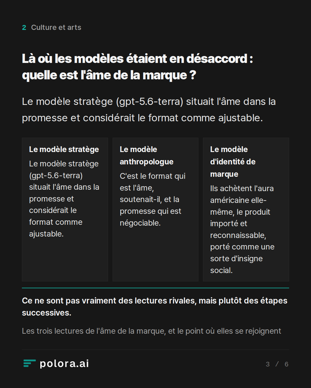 Là où les modèles étaient en désaccord : · Le modèle stratège Le modèle anthropologue Le modèle d'identité de marque Le modèle stratège (gpt-5.6-terra) situait l'âme dans la promesse et considérait le format comme ajustable. C'est le format qui est l'âme, soutenait-il, et la promesse qui est négocia