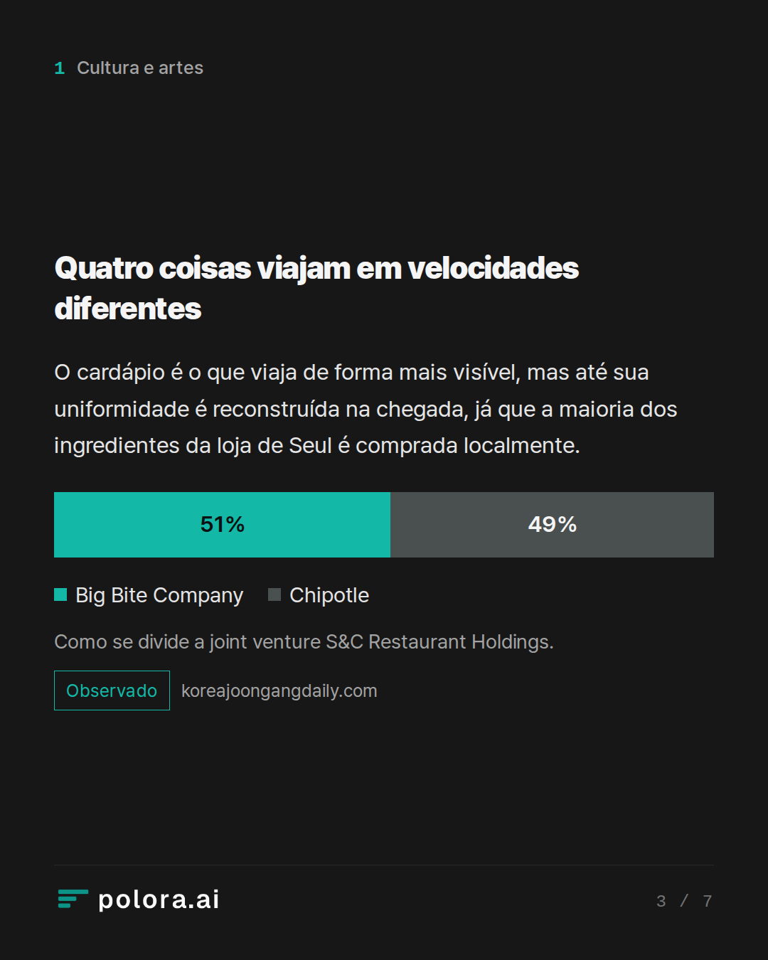 Quatro coisas viajam em velocidades diferentes · Como se divide a joint venture S&C Restaurant Holdings.