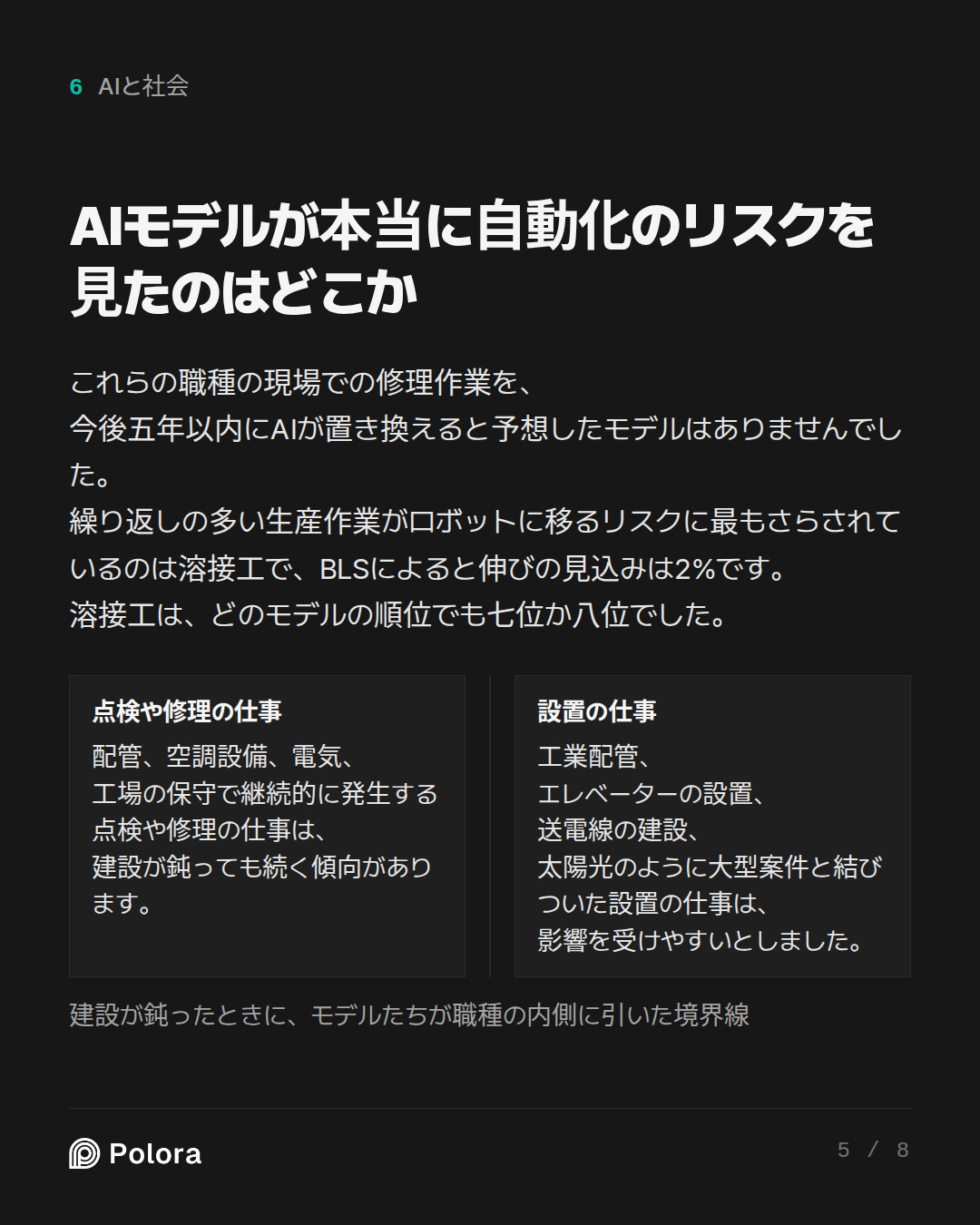 AIモデルが本当に自動化のリスクを見たのはどこか · 点検や修理の仕事 設置の仕事 配管、空調設備、電気、工場の保守で継続的に発生する点検や修理の仕事は、建設が鈍っても続く傾向があります。 工業配管、エレベーターの設置、送電線の建設、太陽光のように大型案件と結びついた設置の仕事は、影響を受けやすいとしました。 建設が鈍ったときに、モデルたちが職種の内側に引いた境界線