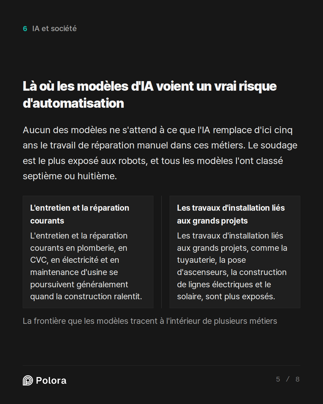Là où les modèles d'IA voient un vrai ri · L'entretien et la réparation courants Les travaux d'installation liés aux grands projets L'entretien et la réparation courants en plomberie, en CVC, en électricité et en maintenance d'usine se poursuivent généralement quand la construction ralentit. Les tra