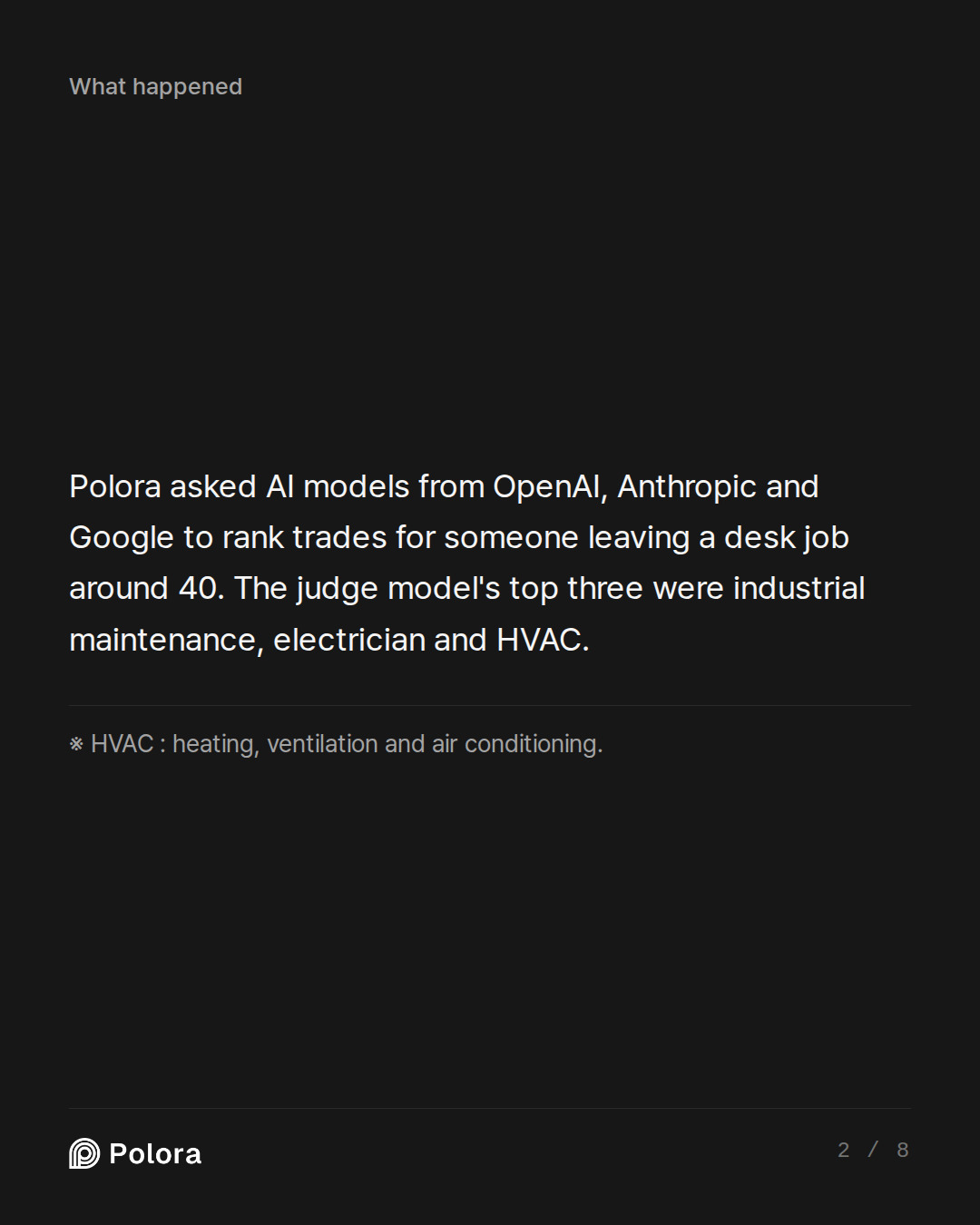 Polora asked AI models from OpenAI, Anthropic and Google to rank trades for someone leaving a desk job around 40. The judge model's top three were industrial maintenance, electrician and HVAC. · ※ HVAC : heating, ventilation and air conditioning.