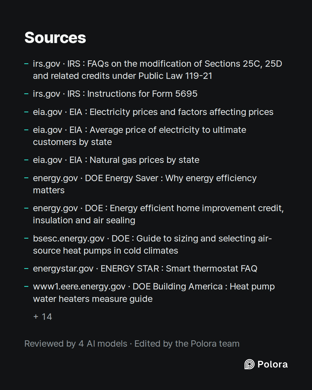 Sources 24 : irs.gov · IRS : FAQs on the modification of Sections 25C, 25D and related credits under Public Law 119-21, irs.gov · IRS : Instructions for Form 5695, eia.gov · EIA : Electricity prices and factors affecting prices + 21