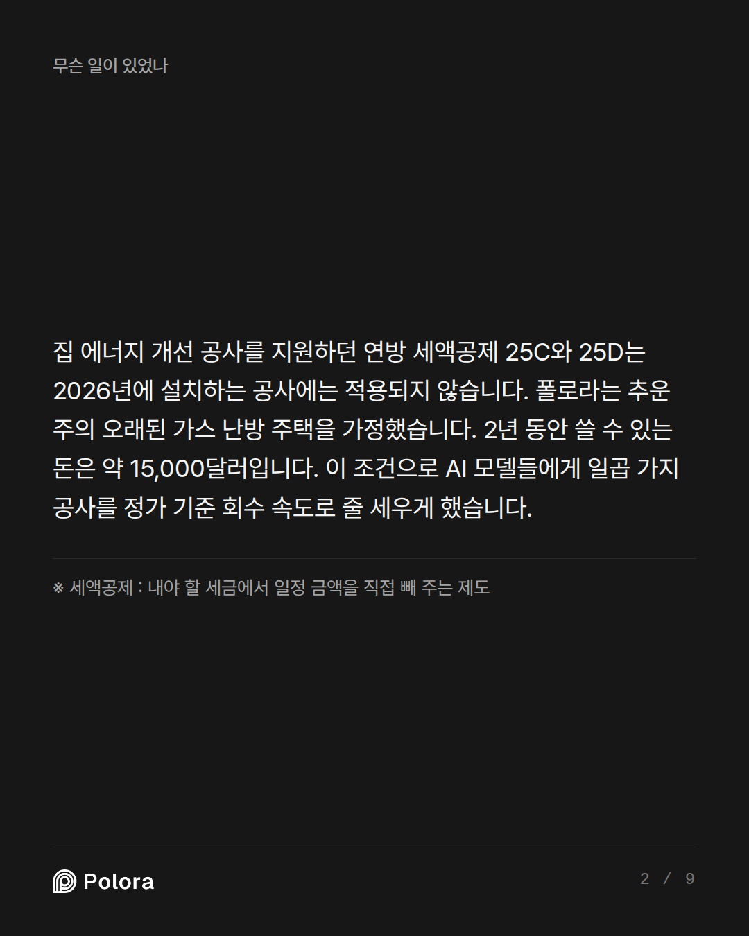 집 에너지 개선 공사를 지원하던 연방 세액공제 25C와 25D는 2026년에 설치하는 공사에는 적용되지 않습니다. 폴로라는 추운 주의 오래된 가스 난방 주택을 가정했습니다. 2년 동안 쓸 수 있는 돈은 약 15,000달러입니다. 이 조건으로 AI 모델들에게 일곱 가지 공사를 정가 기준 회수 속도로 줄 세우게 했습니다. · ※ 세액공제 : 내야 할 세금에서 일정 금액을 직접 빼 주는 제도