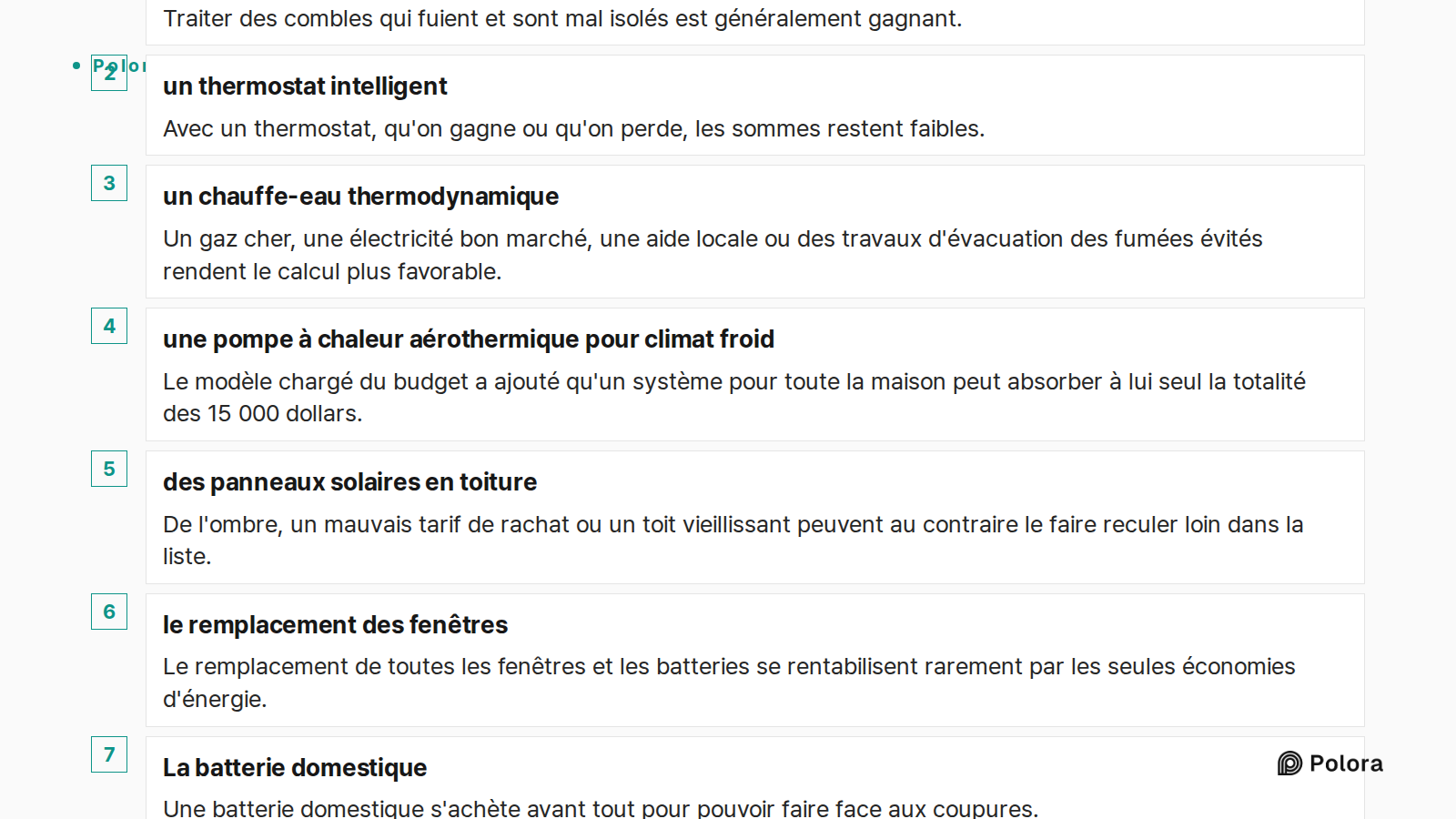 Classement par défaut établi par les modèles d'IA pour trier les options, et non tableau de rentabilité valable partout · L'étanchéité à l'air et l'isolation des combles · un thermostat intelligent · un chauffe-eau thermodynamique · une pompe à chaleur aérothermique pour climat froid · des panneaux