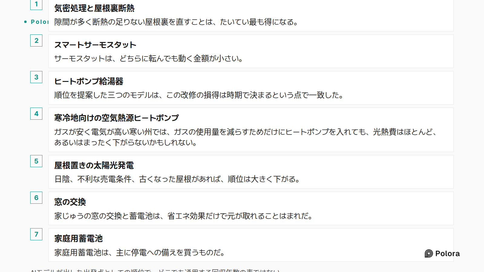 AIモデルが出した出発点としての順位で、どこでも通用する回収年数の表ではない · 気密処理と屋根裏断熱 · スマートサーモスタット · ヒートポンプ給湯器 · 寒冷地向けの空気熱源ヒートポンプ · 屋根置きの太陽光発電 · 窓の交換 · 家庭用蓄電池 · 隙間が多く断熱の足りない屋根裏を直すことは、たいてい最も得になる。 · サーモスタットは、どちらに転んでも動く金額が小さい。 · 順位を提案した三つのモデルは、この改修の損得は時期で決まるという点で一致した。 · ガスが安く電気が高い寒い州では、ガスの使用量を減らすためだけにヒートポンプを入れても、光熱費はほとんど、あるいはまったく下がらない