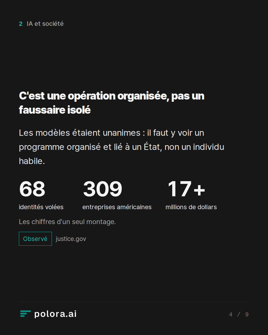 C'est une opération organisée, pas un faussaire isolé · 68 309 17+ identités volées entreprises américaines millions de dollars Les chiffres d'un seul montage.
