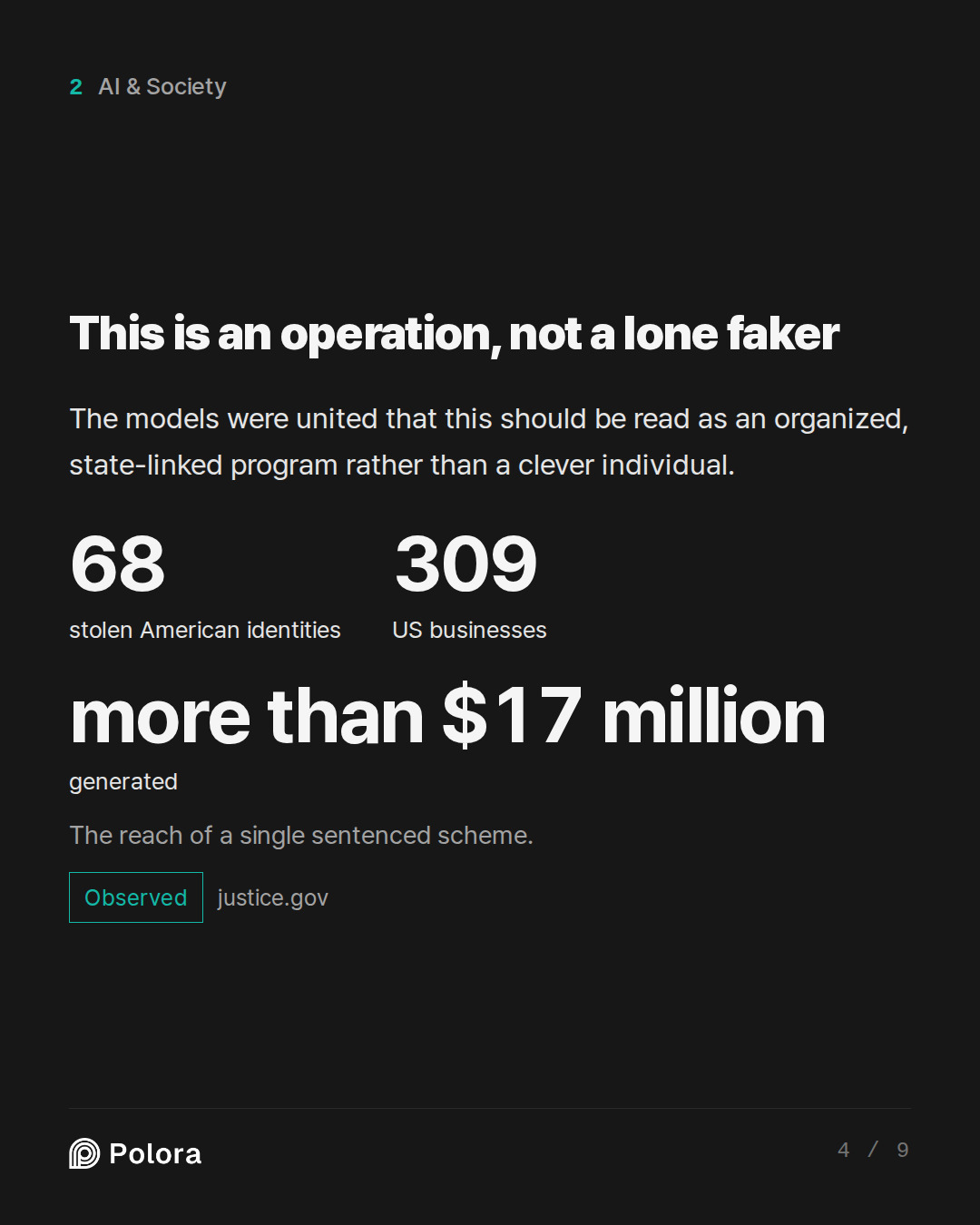 This is an operation, not a lone faker · 68 309 more than $17 million stolen American identities US businesses generated The reach of a single sentenced scheme.