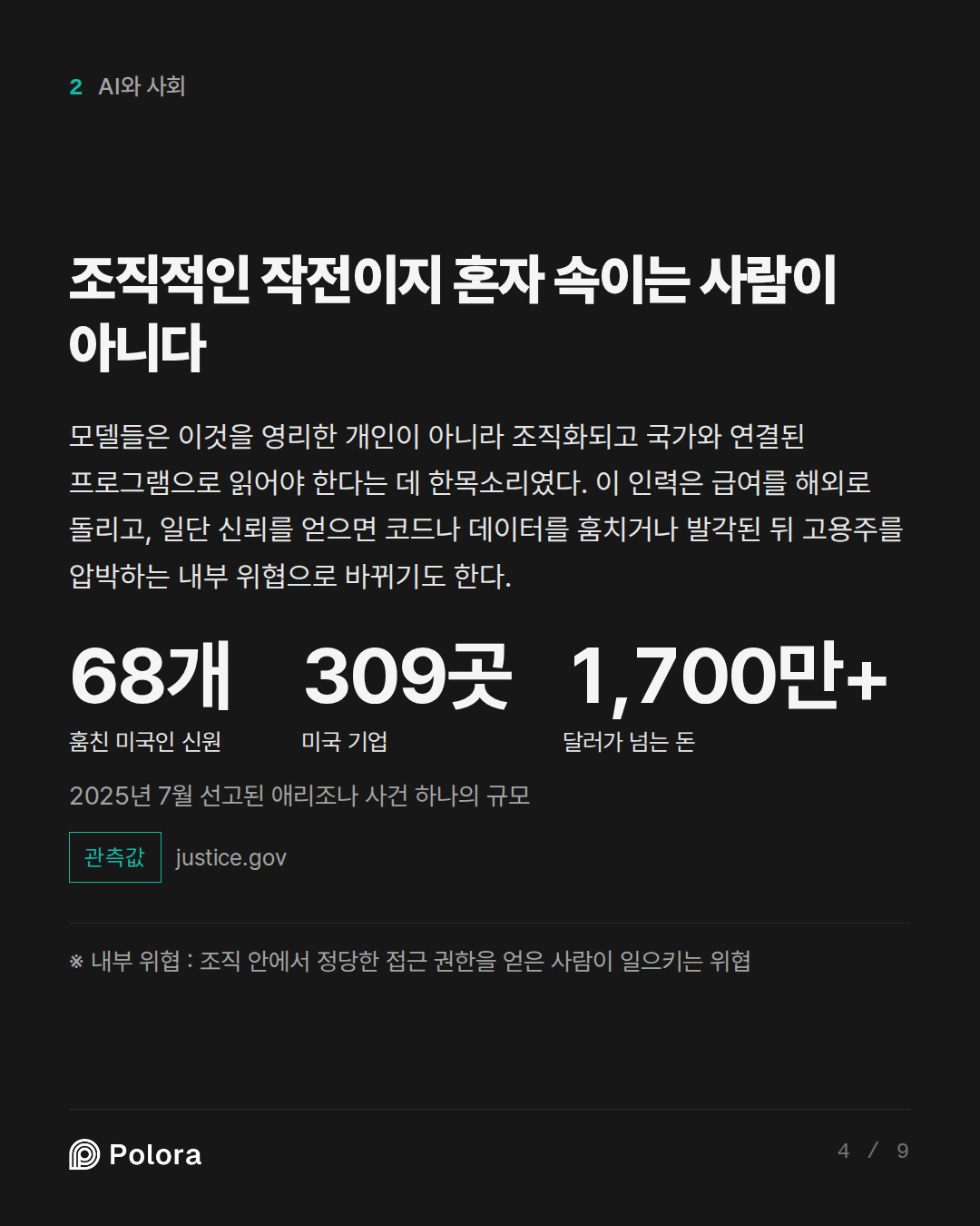 조직적인 작전이지 혼자 속이는 사람이 아니다 · 68개 309곳 1,700만+ 훔친 미국인 신원 미국 기업 달러가 넘는 돈 2025년 7월 선고된 애리조나 사건 하나의 규모 · ※ 내부 위협 : 조직 안에서 정당한 접근 권한을 얻은 사람이 일으키는 위협