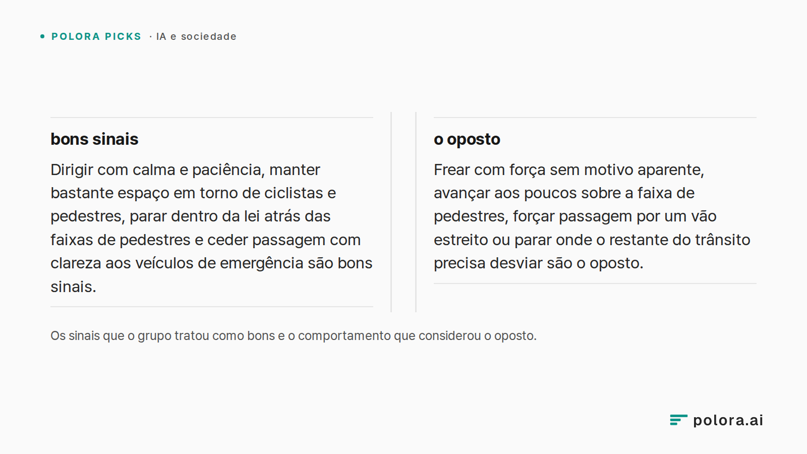 Os sinais que o grupo tratou como bons e o comportamento que considerou o oposto. · bons sinais Dirigir com calma e paciência, manter bastante espaço em torno de ciclistas e pedestres, parar dentro da lei atrás das faixas de pedestres e ceder passagem com clareza aos veículos de emergência são bons