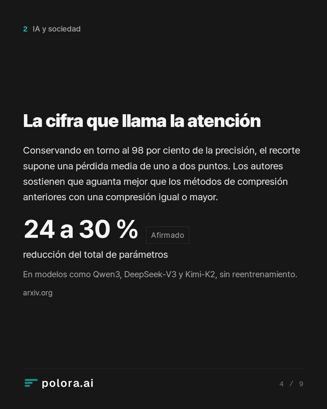 La cifra que llama la atención · 24 a 30 % reducción del total de parámetros En modelos como Qwen3, DeepSeek-V3 y Kimi-K2, sin reentrenamiento.