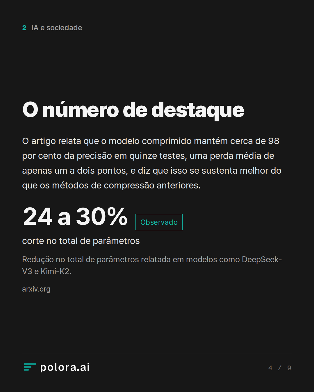 O número de destaque · 24 a 30% corte no total de parâmetros Redução no total de parâmetros relatada em modelos como DeepSeek-V3 e Kimi-K2.