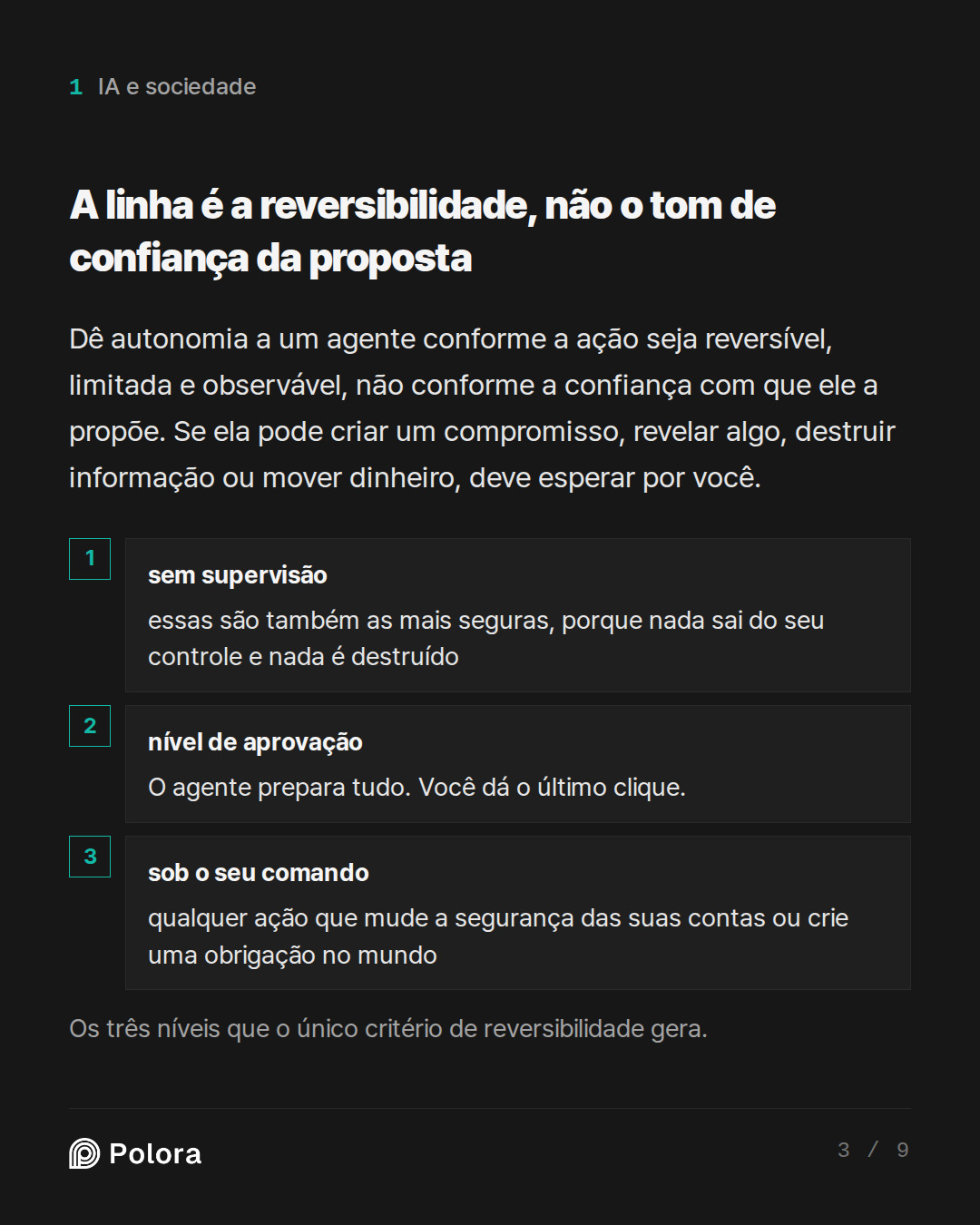 A linha é a reversibilidade, não o tom d · sem supervisão nível de aprovação sob o seu comando essas são também as mais seguras, porque nada sai do seu controle e nada é destruído O agente prepara tudo. Você dá o último clique. qualquer ação que mude a segurança das suas contas ou crie uma obrigação