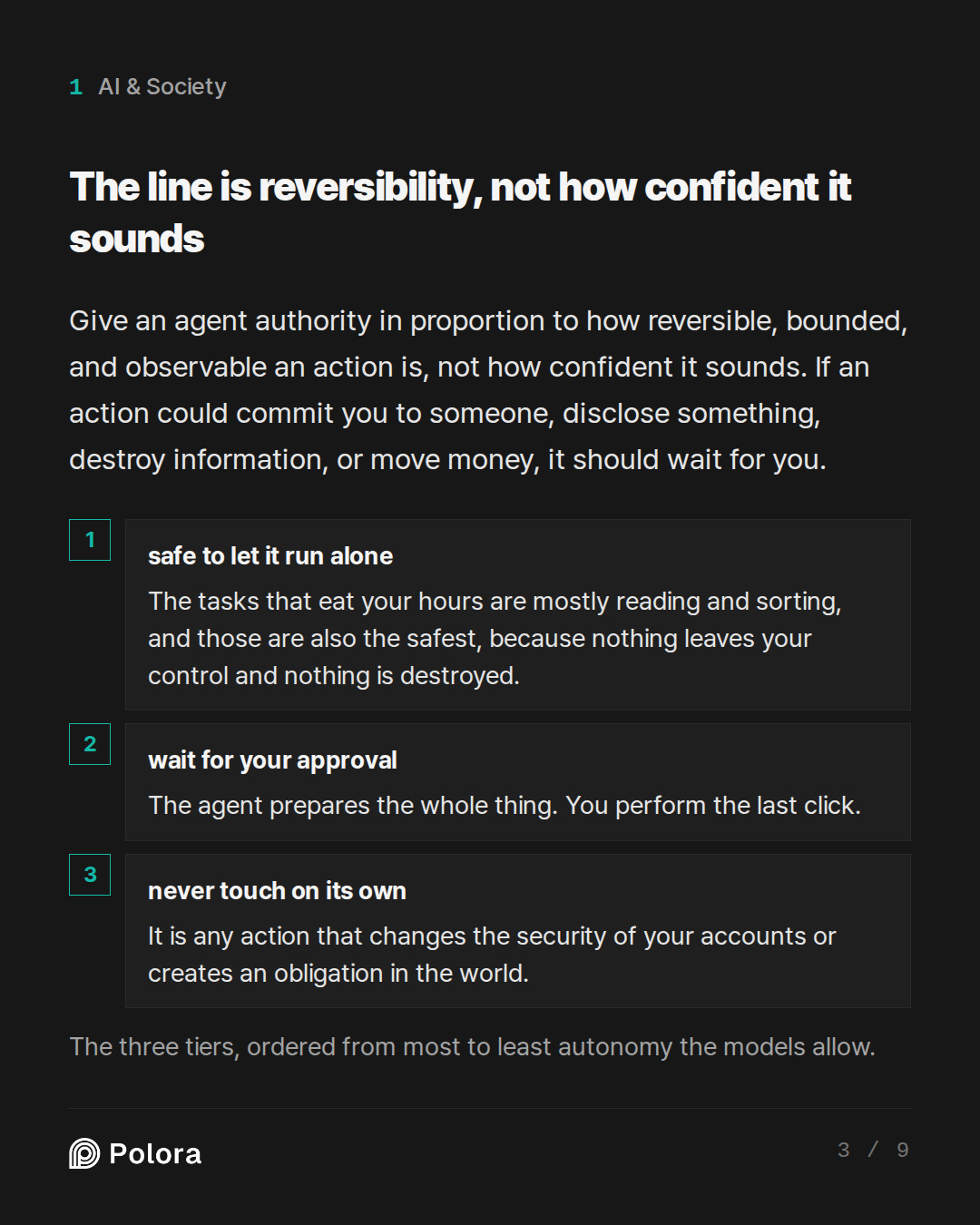 The line is reversibility, not how confi · safe to let it run alone wait for your approval never touch on its own The tasks that eat your hours are mostly reading and sorting, and those are also the safest, because nothing leaves your control and nothing is destroyed. The agent prepares the whole th