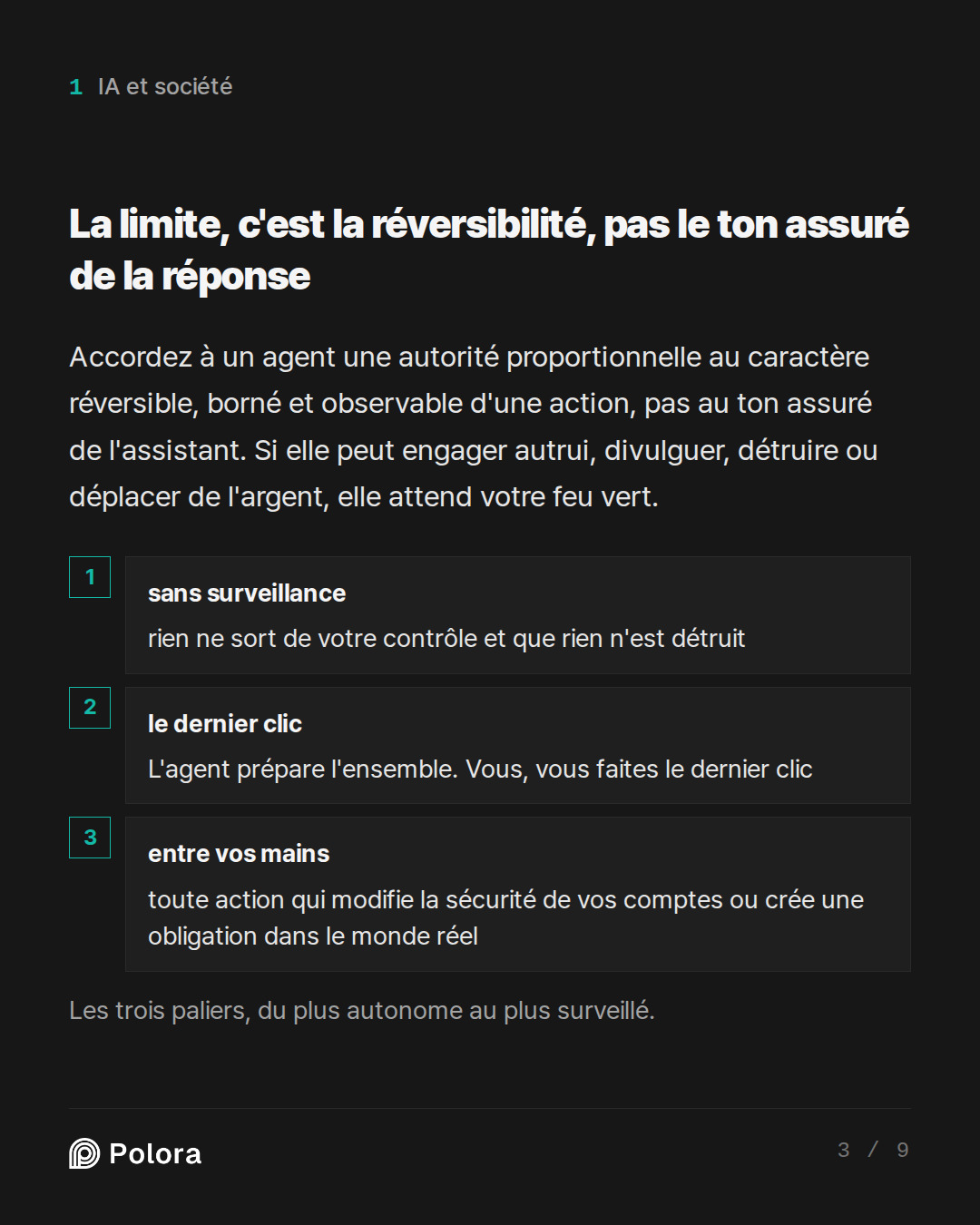 La limite, c'est la réversibilité, pas l · sans surveillance le dernier clic entre vos mains rien ne sort de votre contrôle et que rien n'est détruit L'agent prépare l'ensemble. Vous, vous faites le dernier clic toute action qui modifie la sécurité de vos comptes ou crée une obligation dans le monde