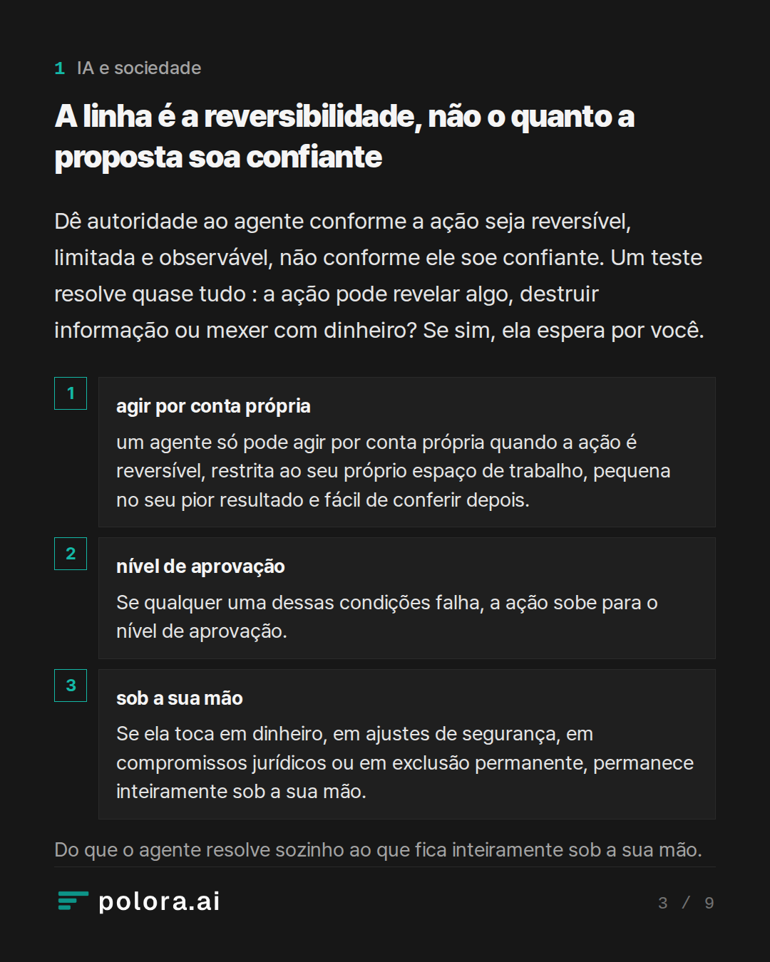 A linha é a reversibilidade, não o quant · agir por conta própria nível de aprovação sob a sua mão um agente só pode agir por conta própria quando a ação é reversível, restrita ao seu próprio espaço de trabalho, pequena no seu pior resultado e fácil de conferir depois. Se qualquer uma dessas condiçõ