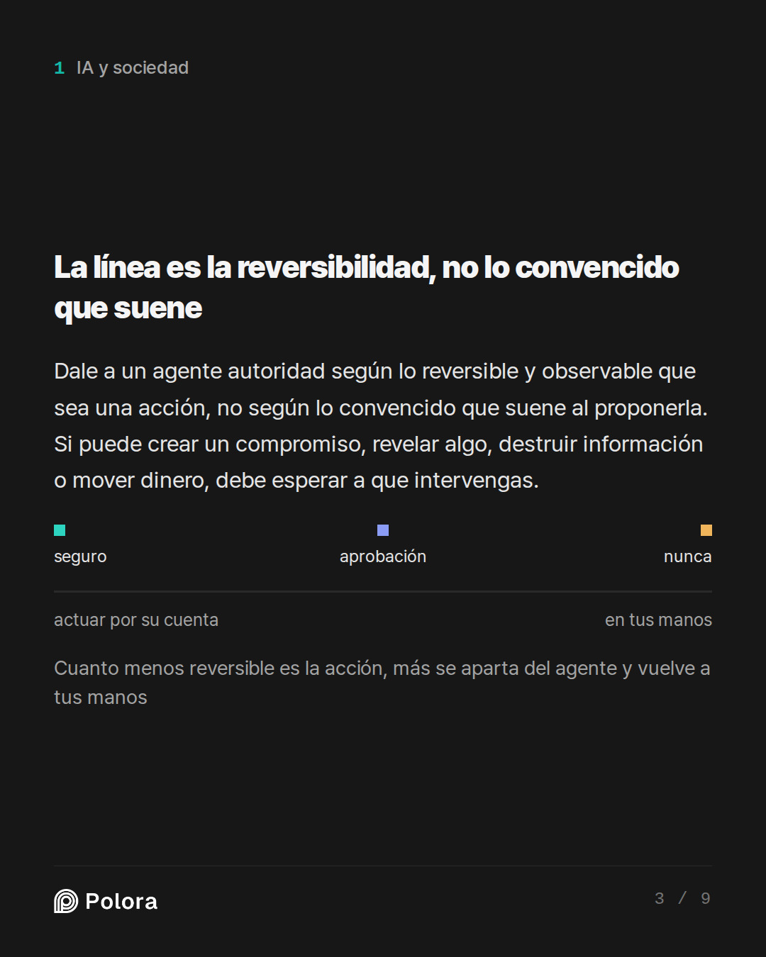 La línea es la reversibilidad, no lo convencido que suene · actuar por su cuenta en tus manos seguro aprobación nunca Cuanto menos reversible es la acción, más se aparta del agente y vuelve a tus manos