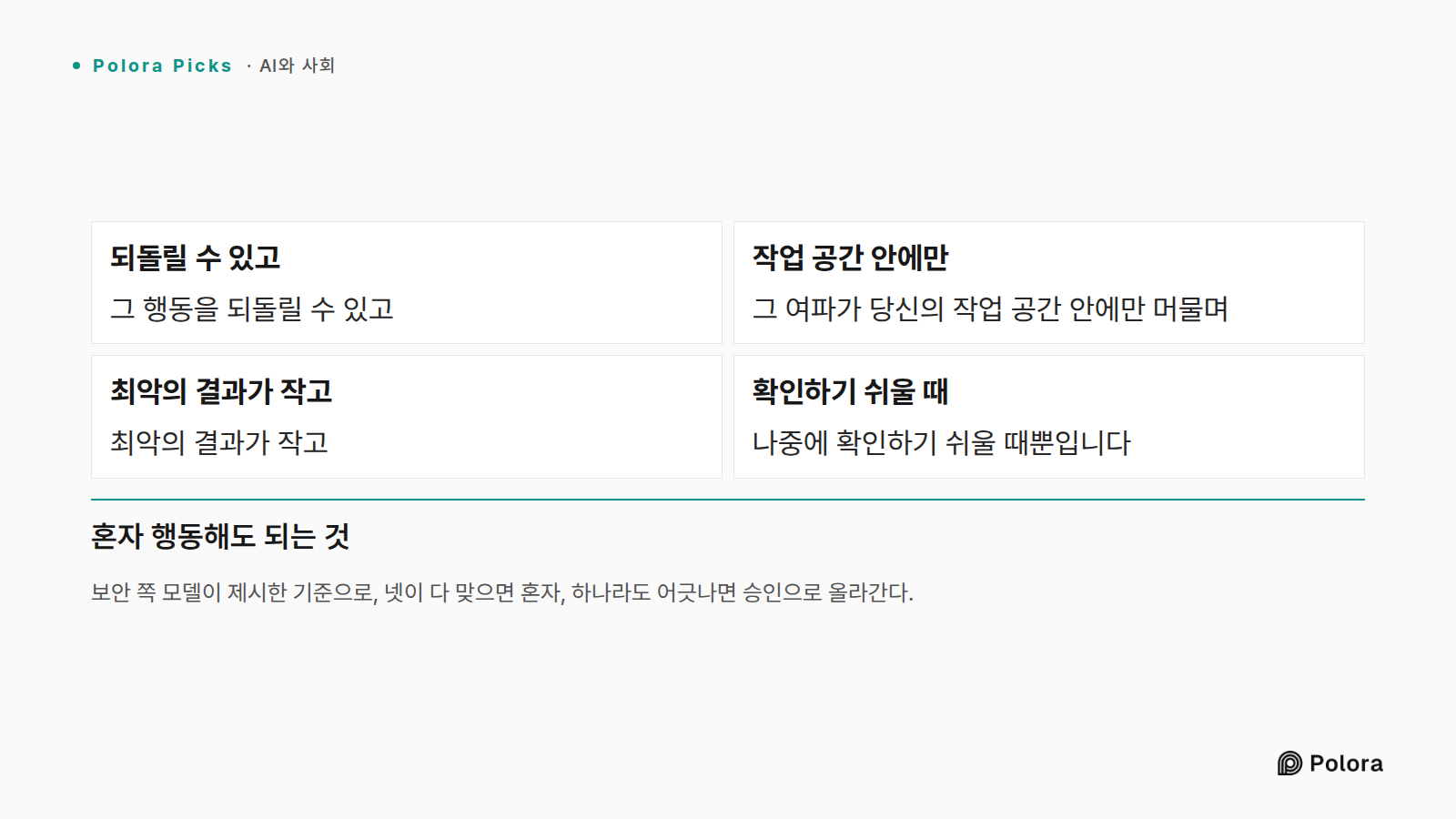 보안 쪽 모델이 제시한 기준으로, 넷이 다 맞으면 혼자, 하나라도 어긋나면 승인으로 올라간다. · 되돌릴 수 있고 · 작업 공간 안에만 · 최악의 결과가 작고 · 확인하기 쉬울 때 · 그 행동을 되돌릴 수 있고 · 그 여파가 당신의 작업 공간 안에만 머물며 · 나중에 확인하기 쉬울 때뿐입니다 · 혼자 행동해도 되는 것