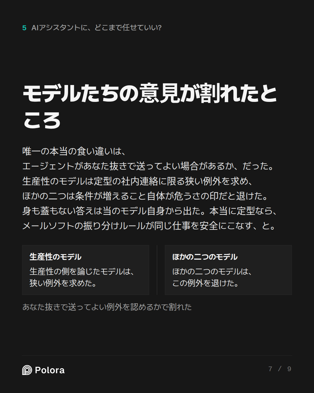 モデルたちの意見が割れたところ · 生産性のモデル ほかの二つのモデル 生産性の側を論じたモデルは、狭い例外を求めた。 ほかの二つのモデルは、この例外を退けた。 あなた抜きで送ってよい例外を認めるかで割れた