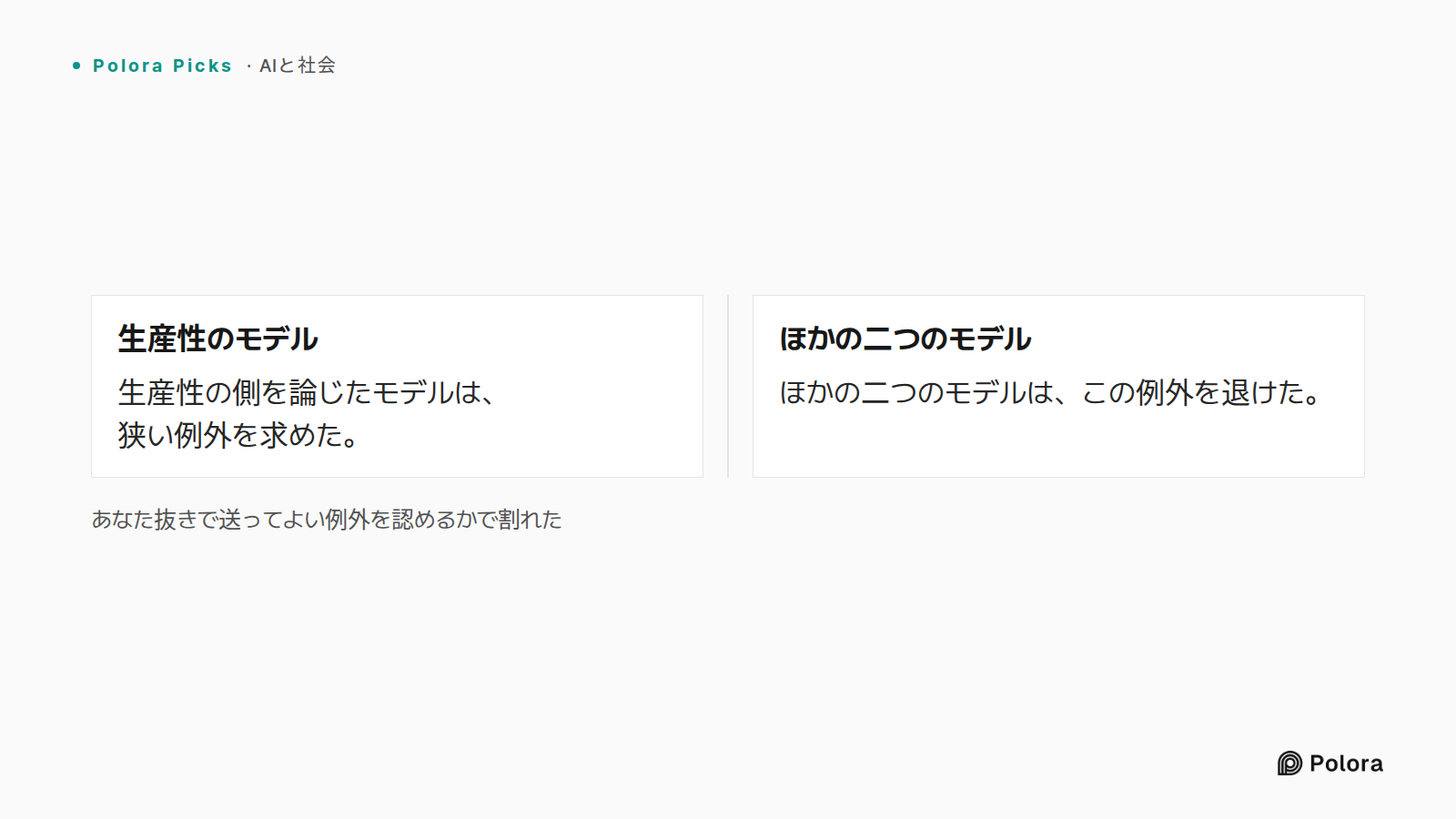 あなた抜きで送ってよい例外を認めるかで割れた · 生産性のモデル · ほかの二つのモデル · 生産性の側を論じたモデルは、狭い例外を求めた。 · ほかの二つのモデルは、この例外を退けた。